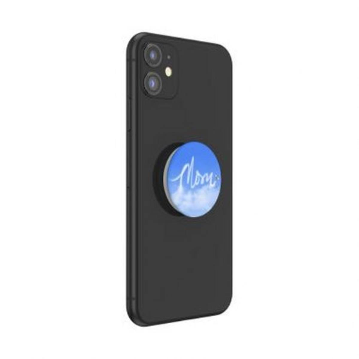 Telefono nero con pop socket blu che mostra la parola "Mom".