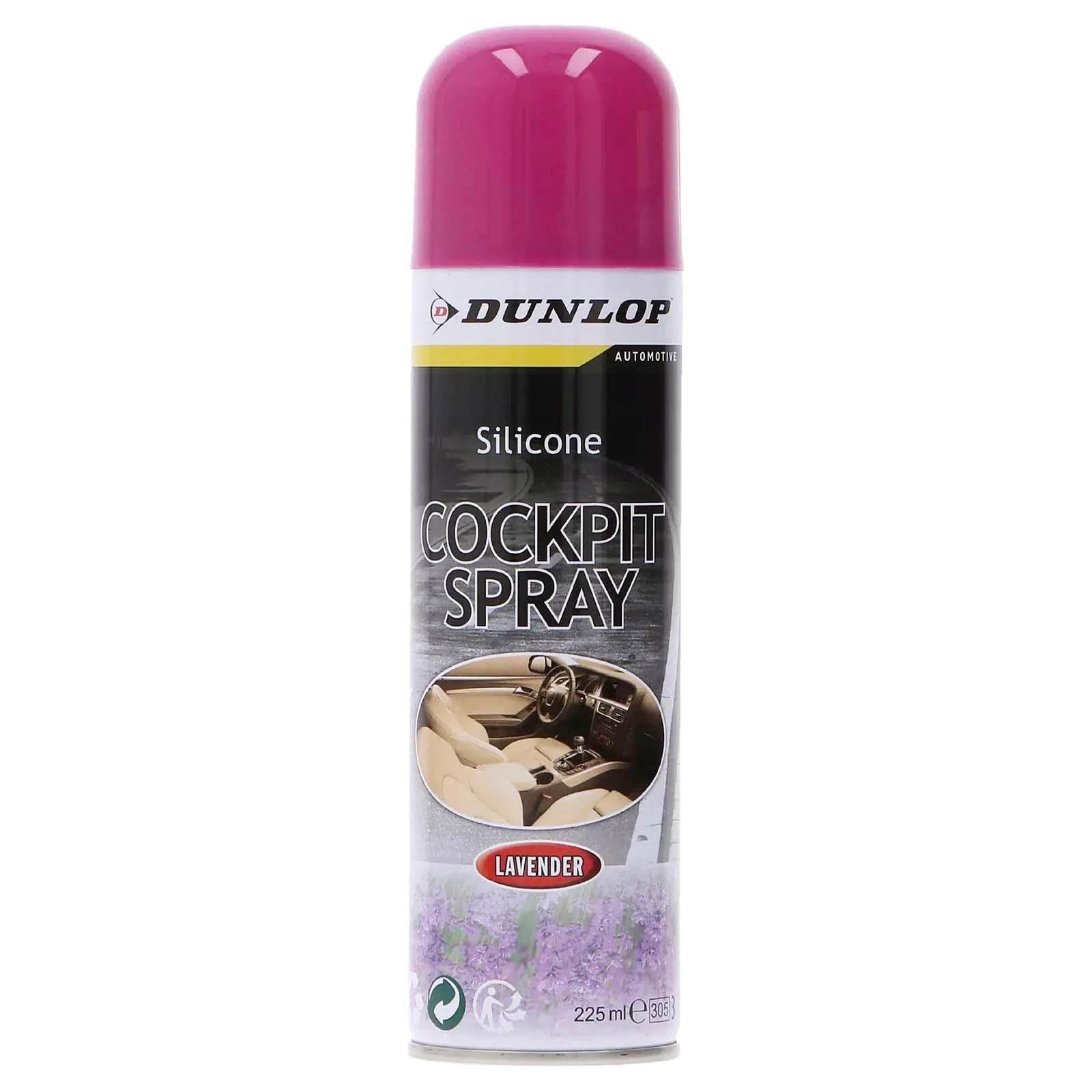 Dunlop Cockpit Spray Lavanda: Bomboletta spray con immagine interni auto.