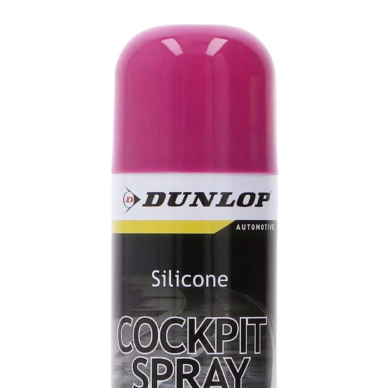 Una bomboletta rosa Dunlop Cockpit Spray con etichetta "Silicone".