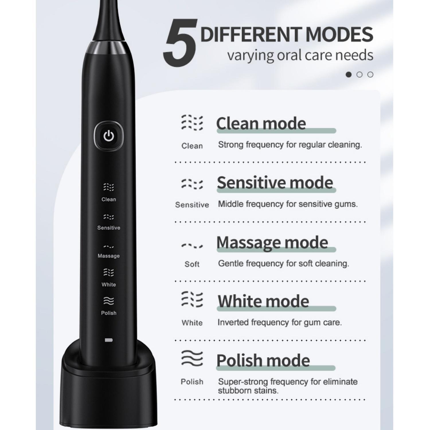 Schwarze elektrische Zahnbürste mit 5 Modi: Clean, Sensitive, Massage, White, Polish.