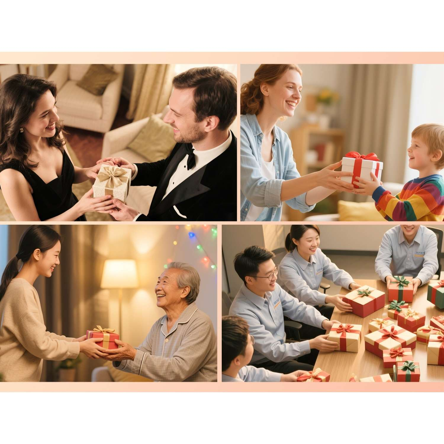 Vier Szenen von Menschen, die Geschenke überreichen. Feierliche Anlässe.