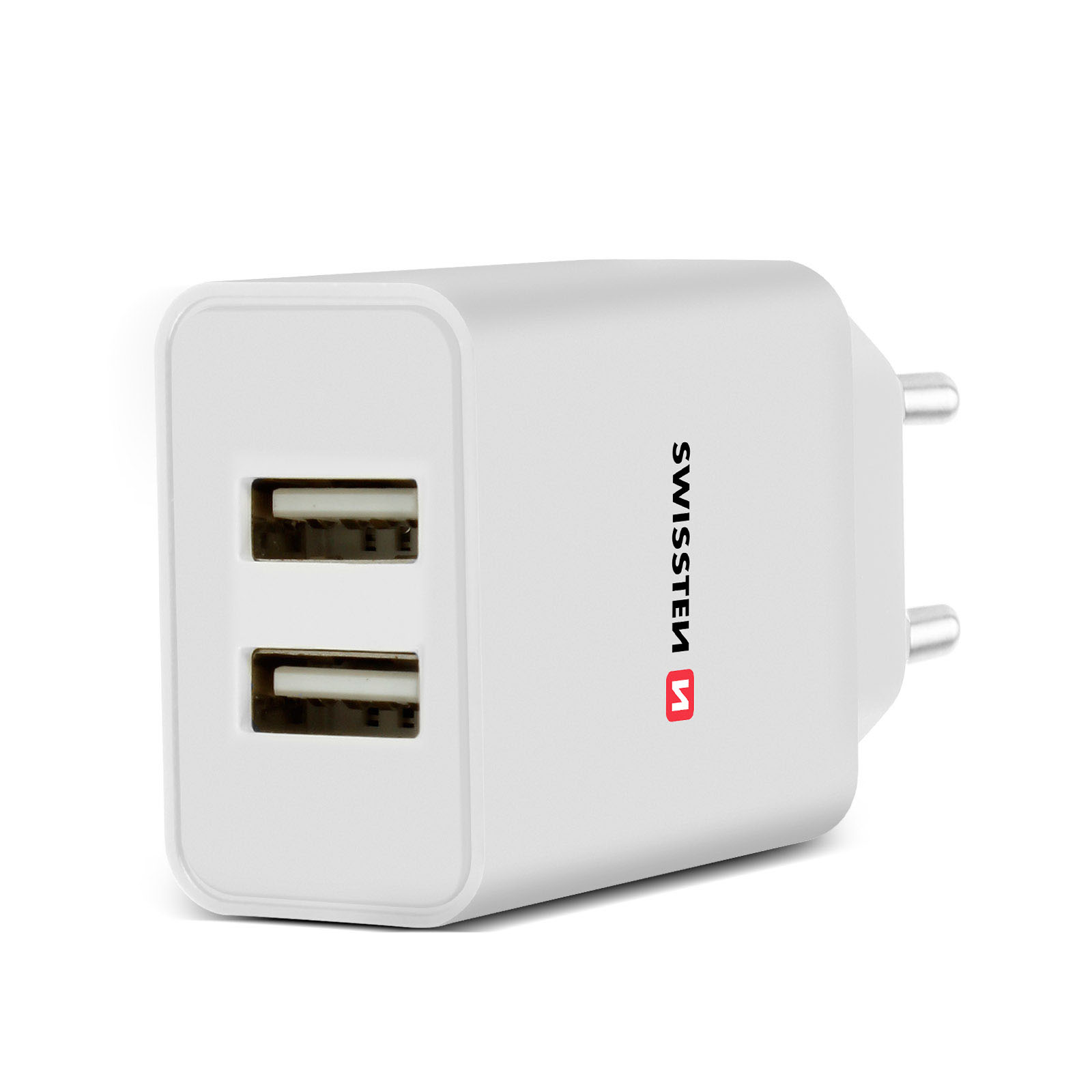 Caricatore USB bianco a doppia porta con due poli.