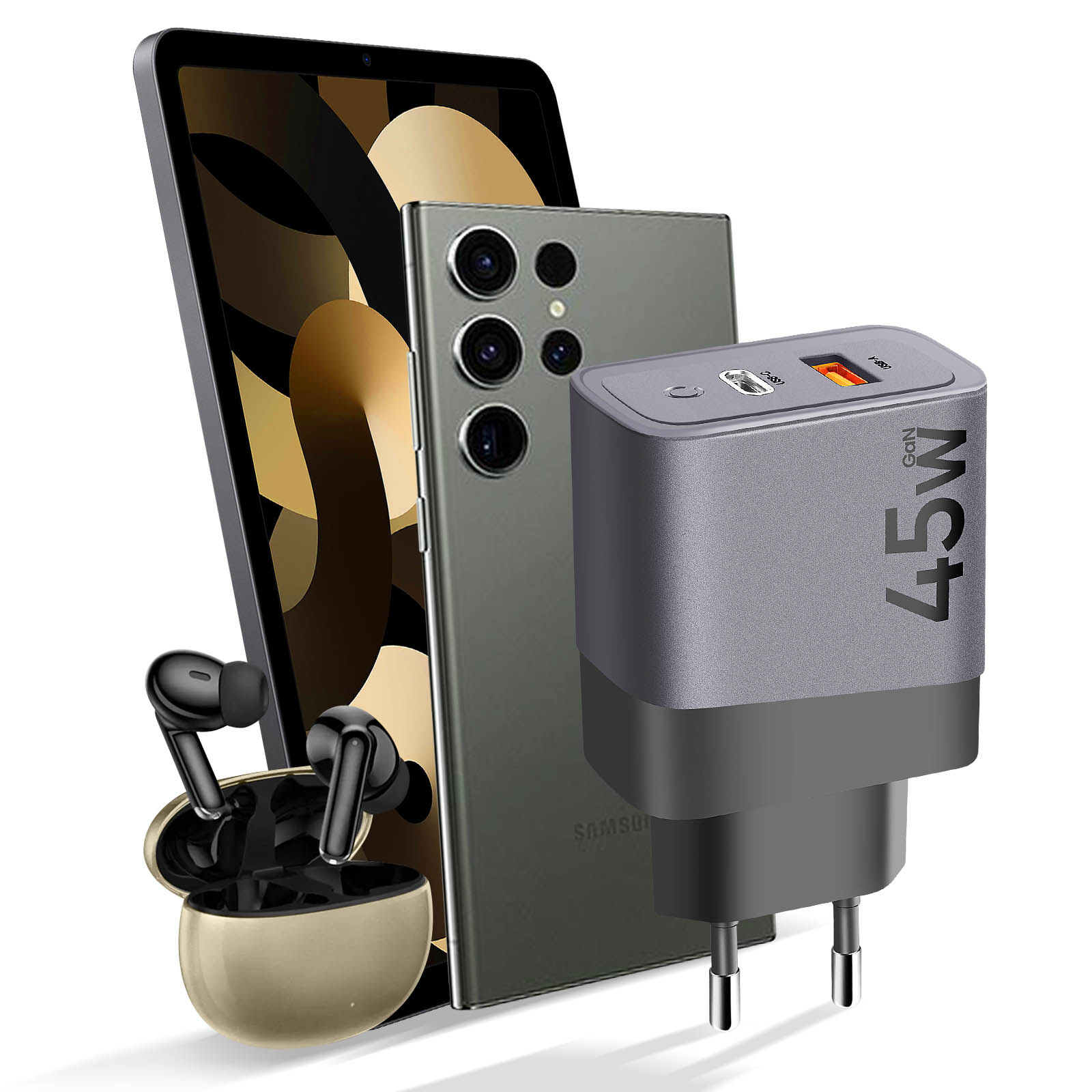 Caricatore GaN grigio da 45W, smartphone, tablet e auricolari con custodia.