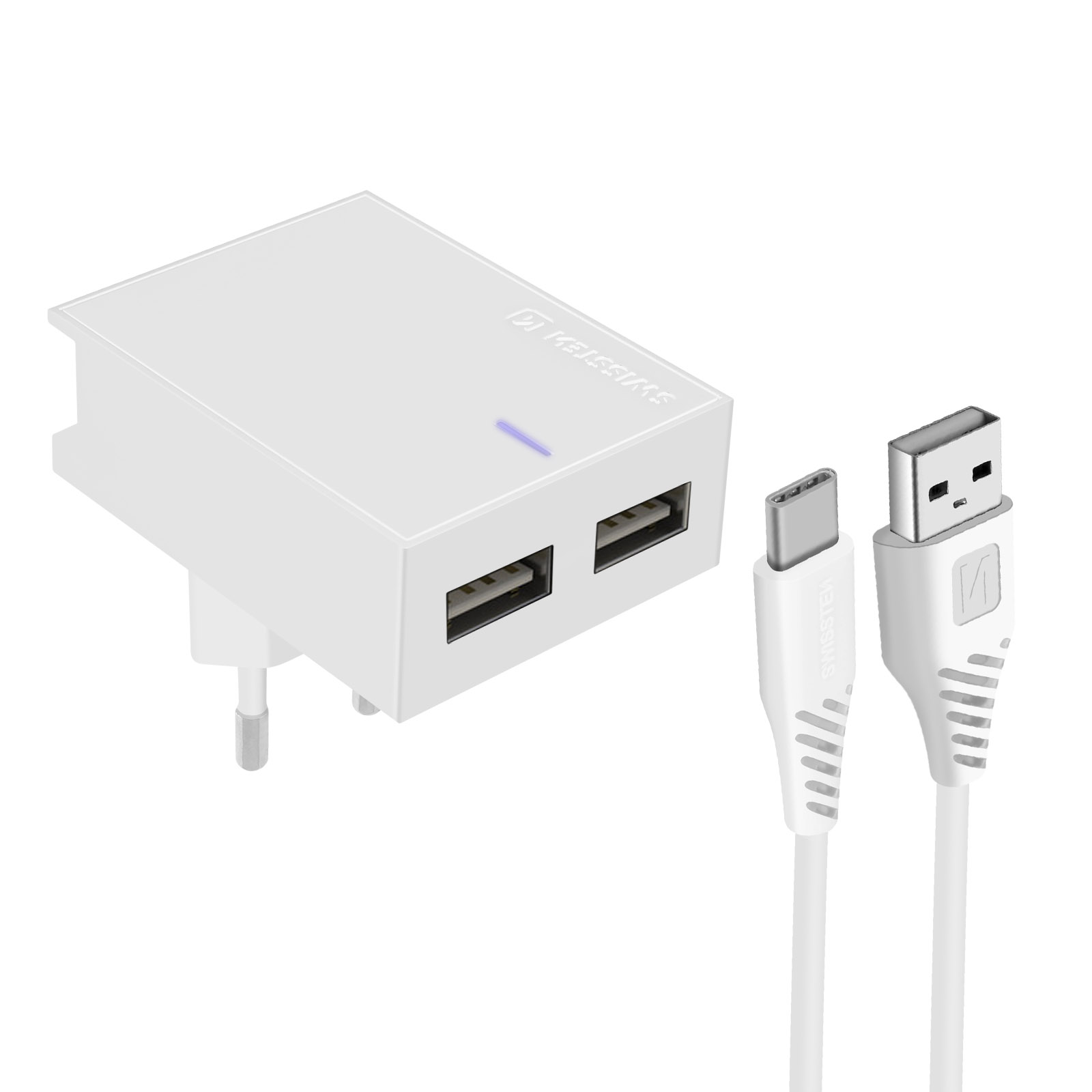 Un caricatore USB bianco a doppia porta e due cavi USB bianchi.