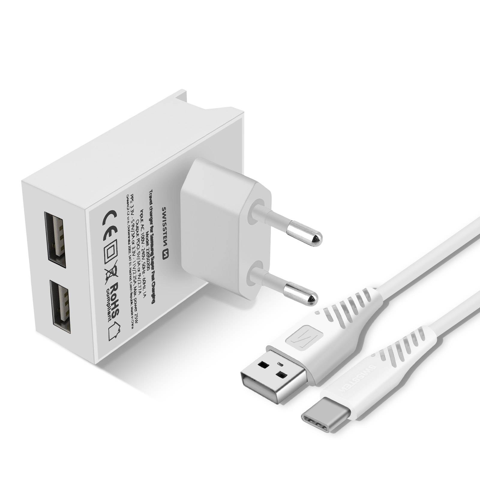 Un caricatore da viaggio bianco con due porte USB e un cavo USB-C.