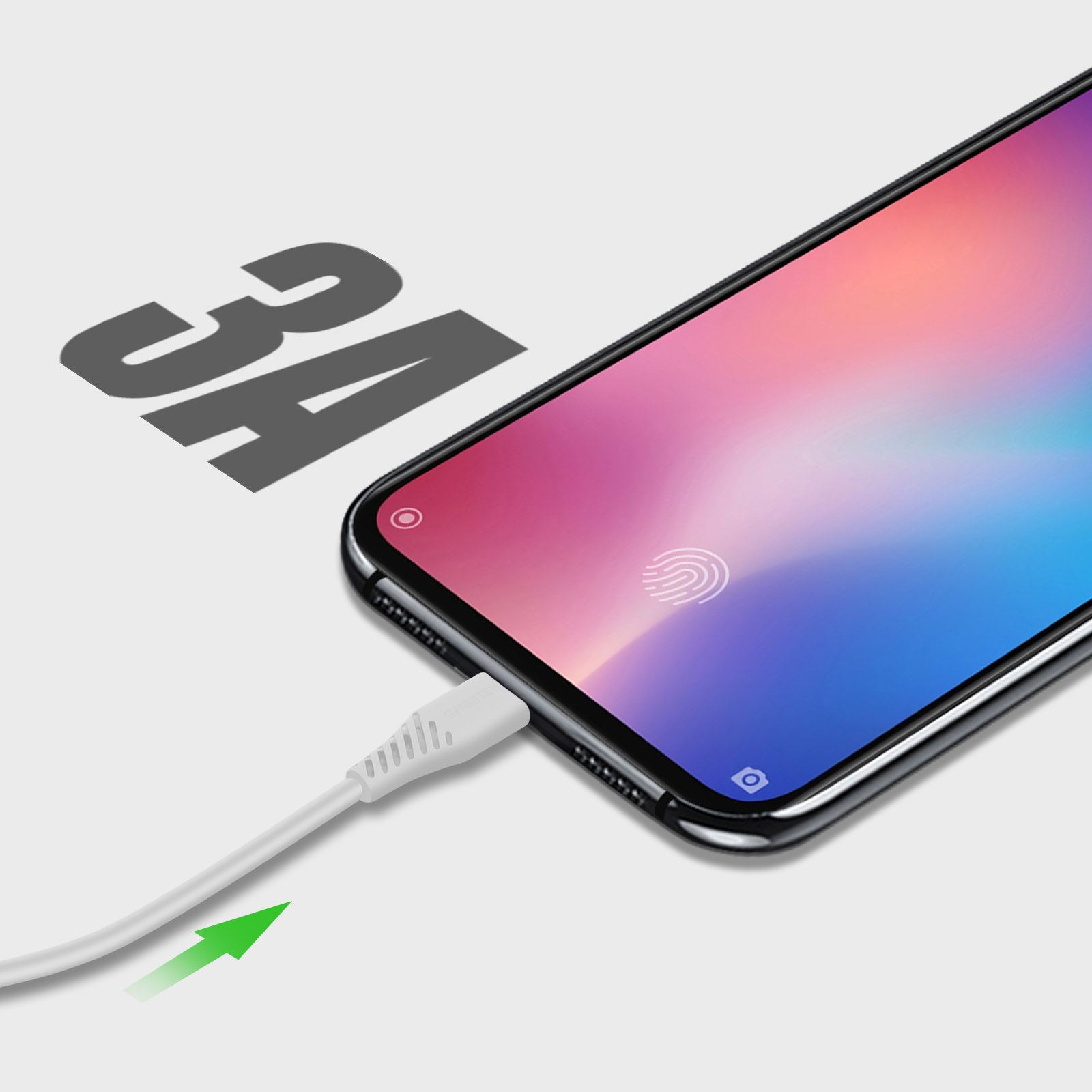 Uno smartphone è collegato con un cavo bianco. Grande '3A' sullo sfondo.