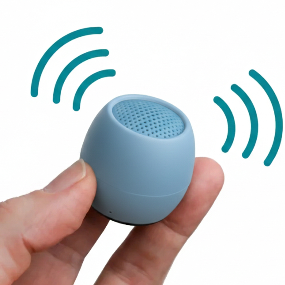 Blaue Mini-Lautsprecher in der Hand, mit Wellenlinien für Ton.