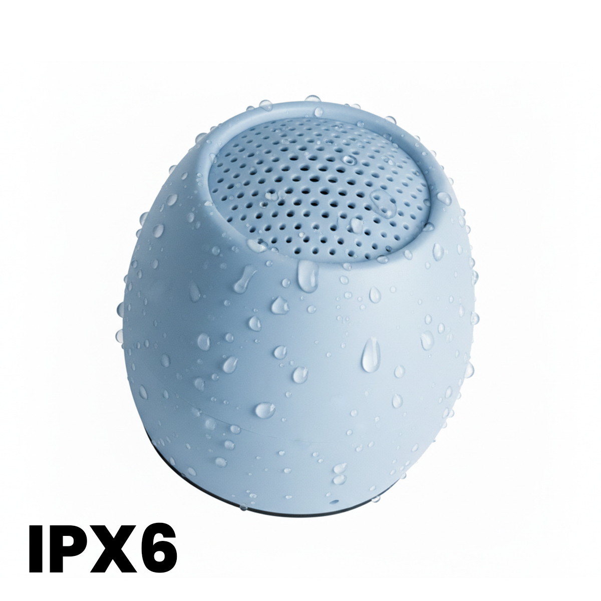 Ein hellblauer, wasserdichter Lautsprecher mit Wassertropfen und IPX6-Aufschrift.