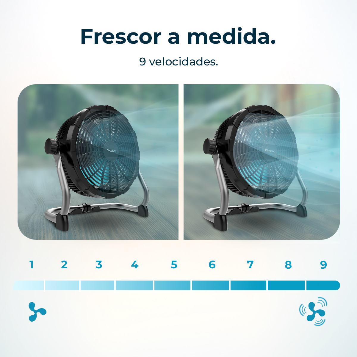 Ventilador negro con soporte metálico expulsando aire. Indicador de velocidad 1-9.