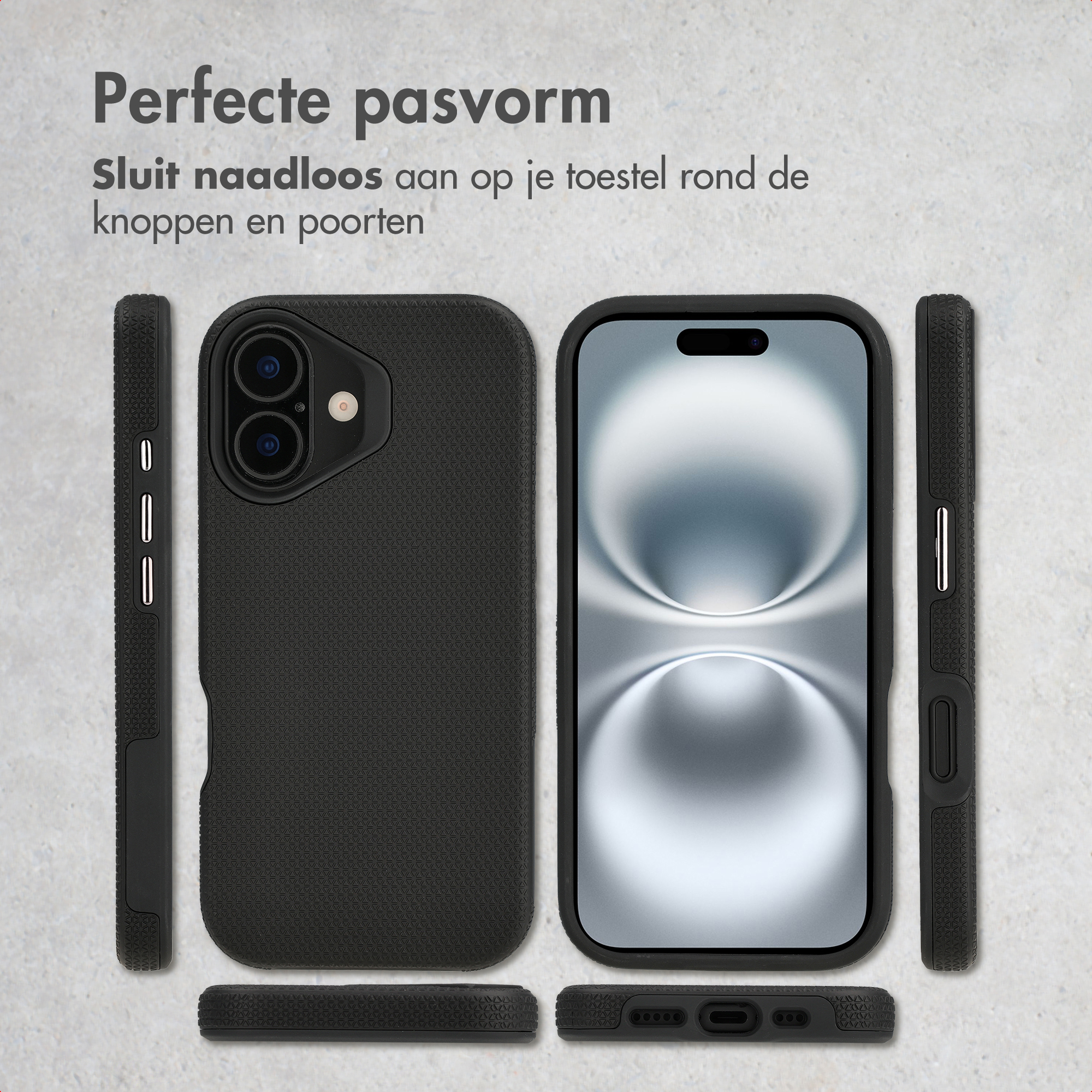 Zwarte telefoonhoes vanuit meerdere hoeken op een grijze achtergrond.