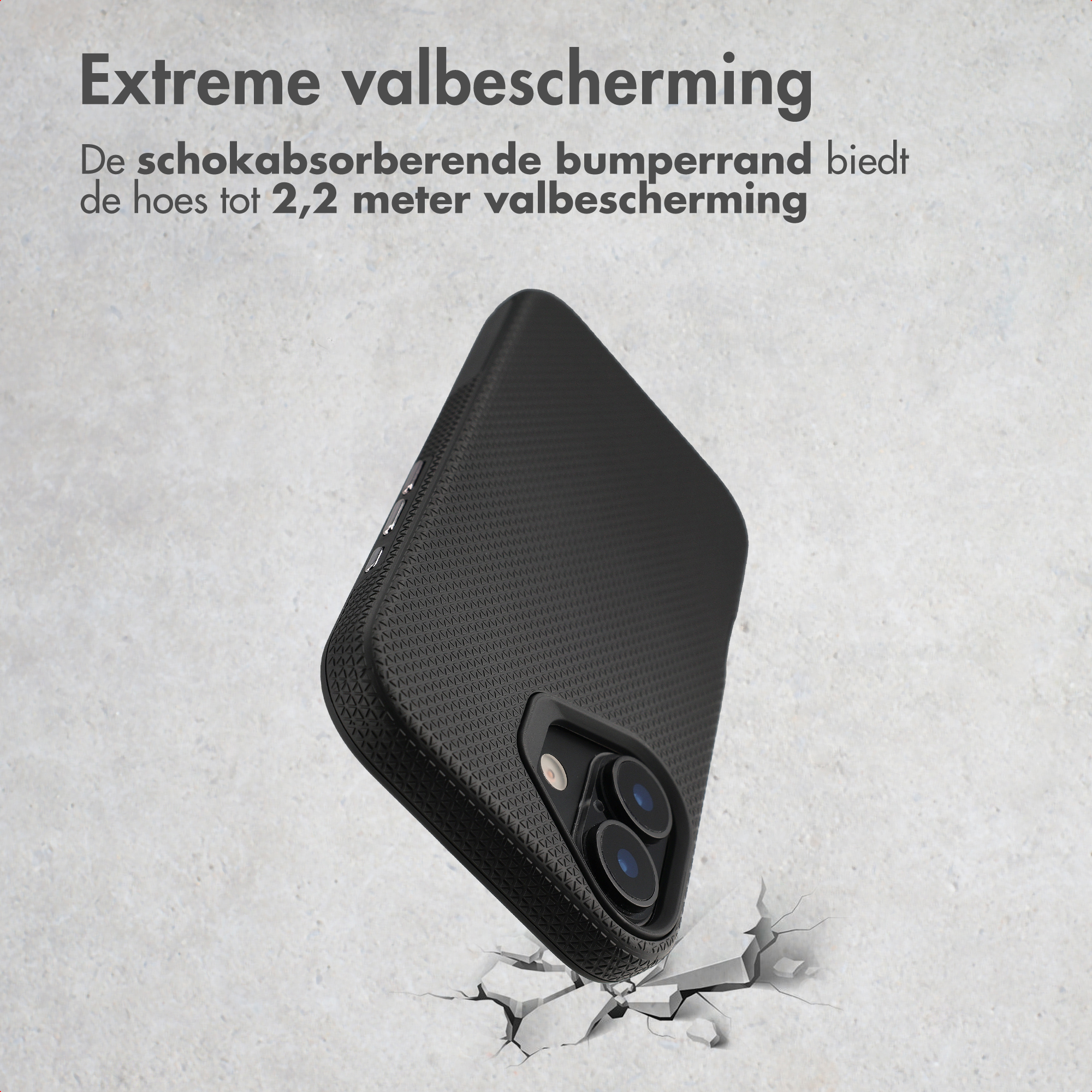 Zwarte telefoonhoes breekt door betonnen vloer.