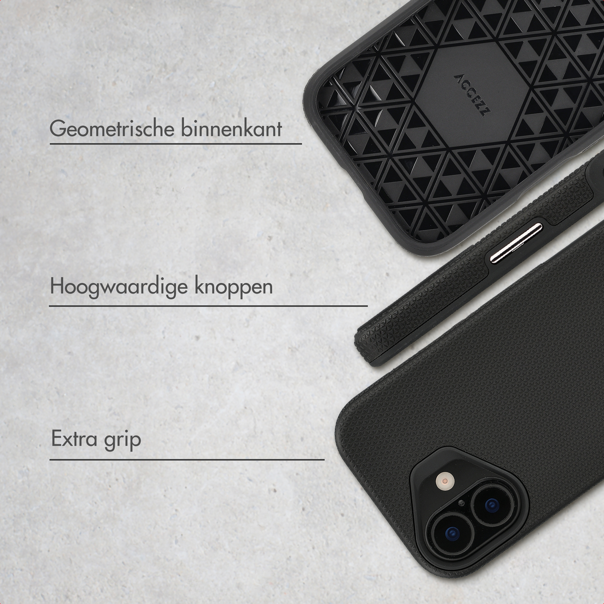 Zwarte telefoonhoes met geometrisch patroon en camera-uitsparing.