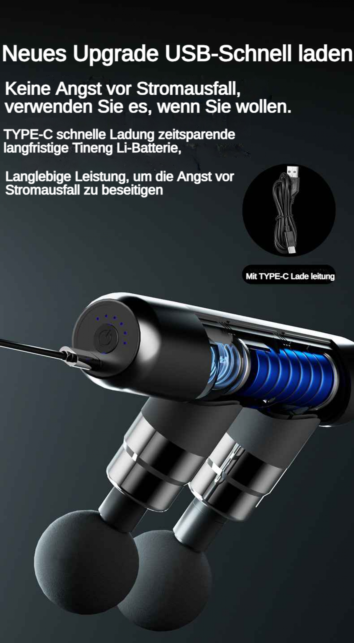 Massagegerät mit TYPE-C Ladekabel und blauen LED-Anzeigen.