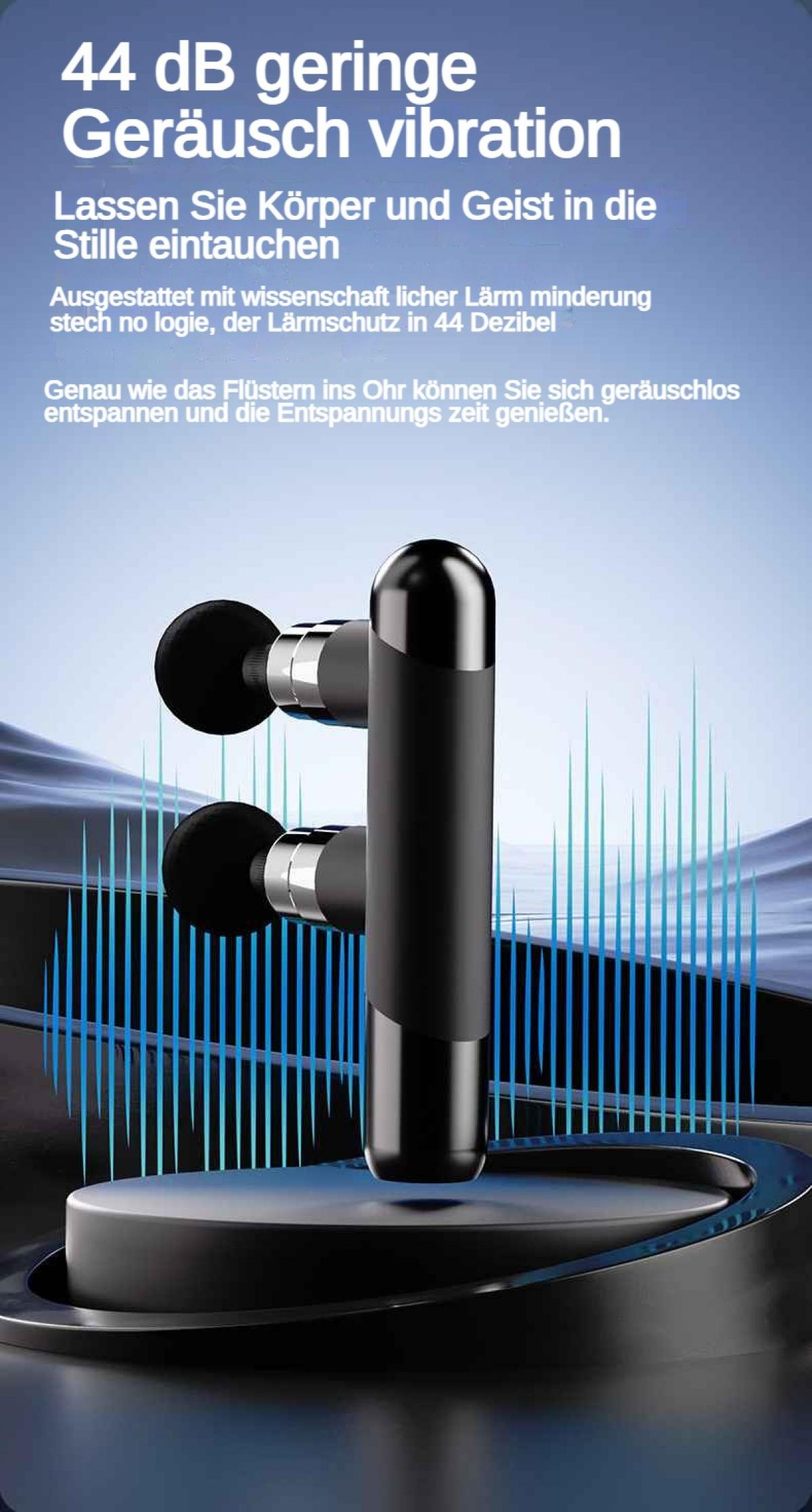 Ein schwarzes Massagegerät mit zwei Köpfen vor blau-grünen Wellenlinien.