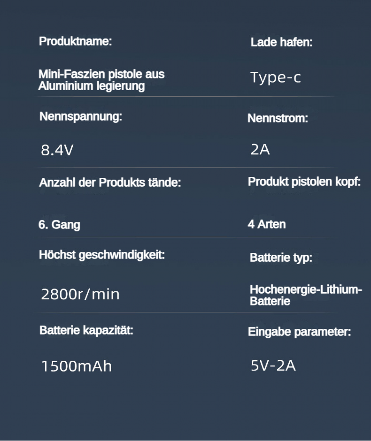 Spezifikationen einer Mini-Faszienpistole: 8,4V, 2A, 2800 U/min, 1500mAh.