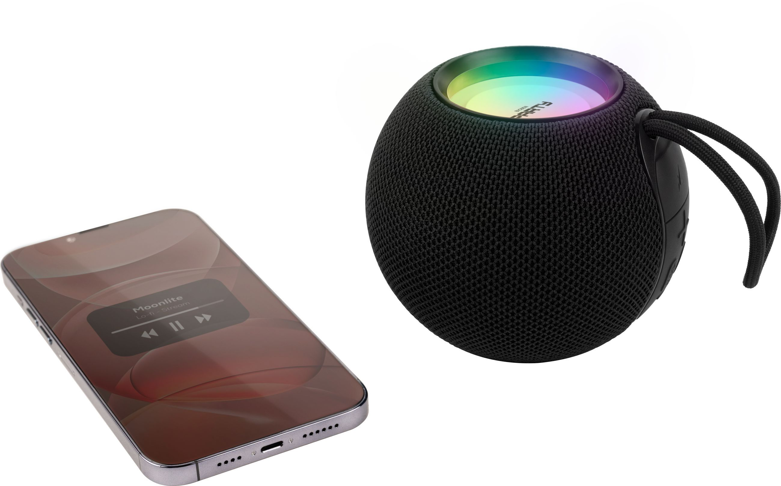Schwarzer Lautsprecher mit RGB-Licht neben einem Smartphone, das Musik abspielt.