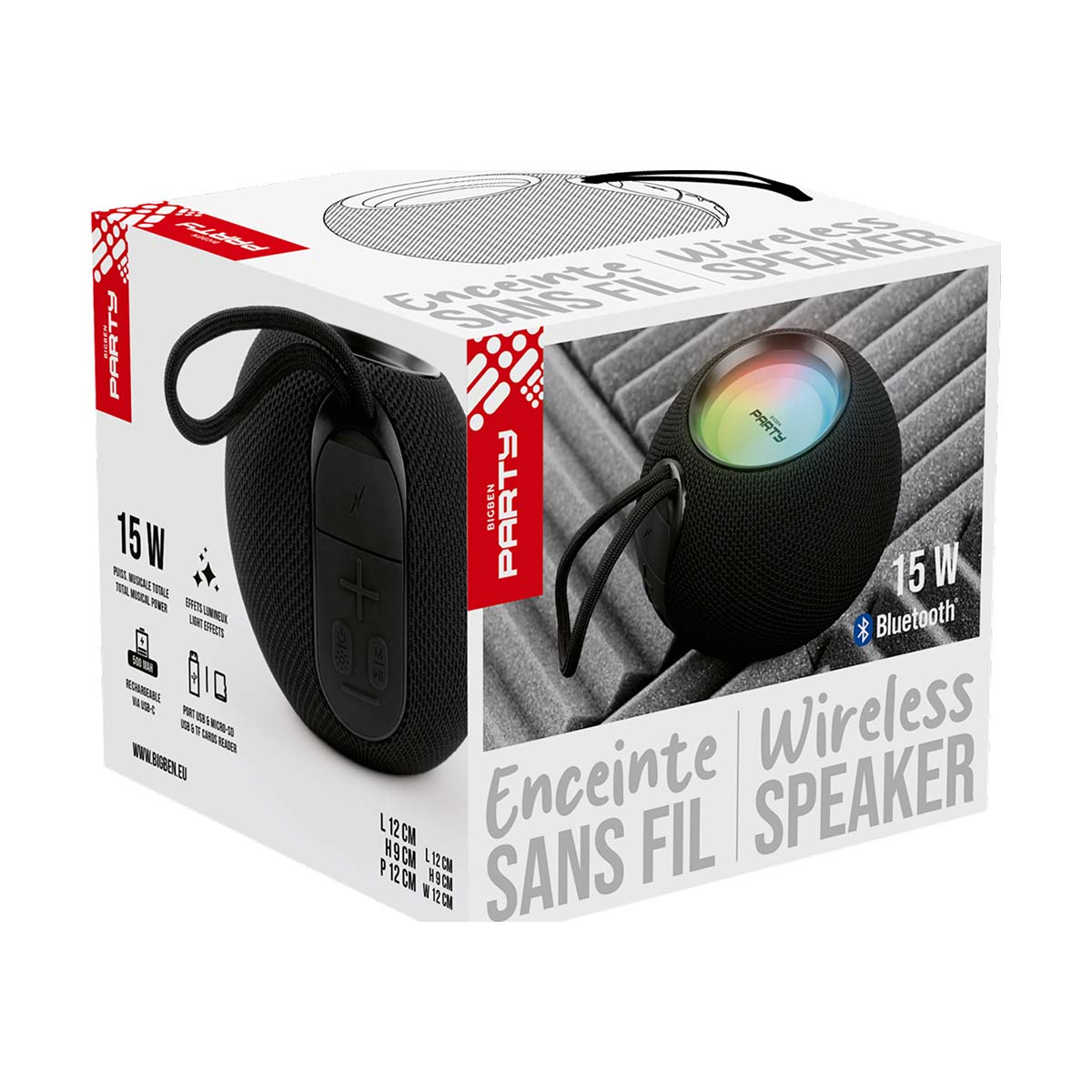 Schwarzer Bluetooth-Lautsprecher mit Lichteffekten auf grauem Hintergrund.