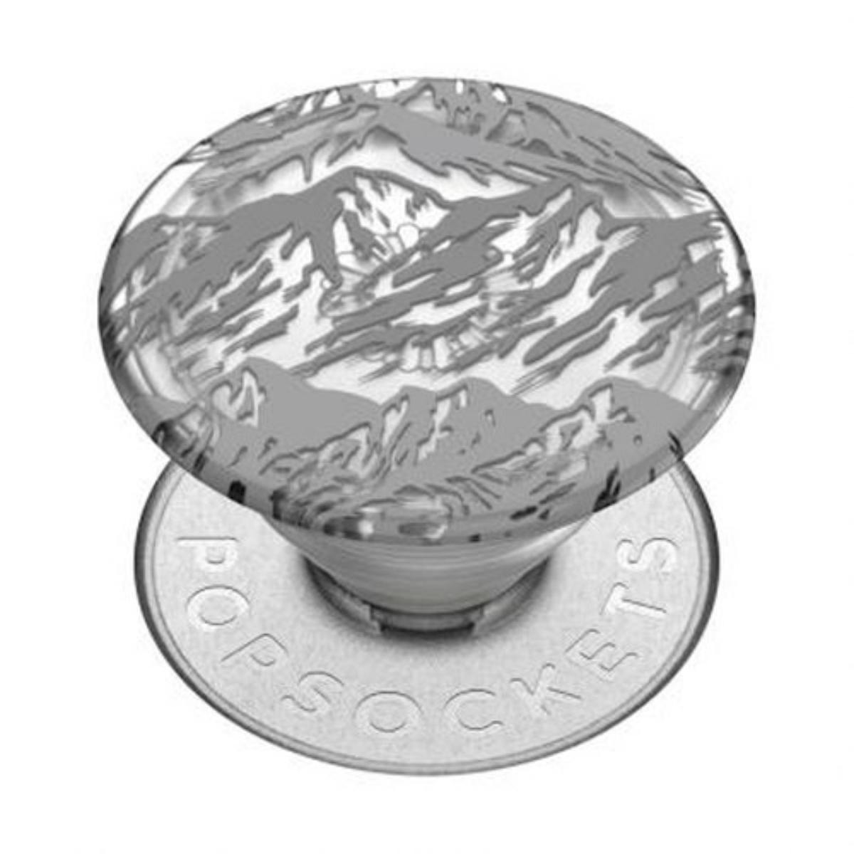 Un PopSocket argento con design montano. La grafica mostra una catena montuosa stilizzata.