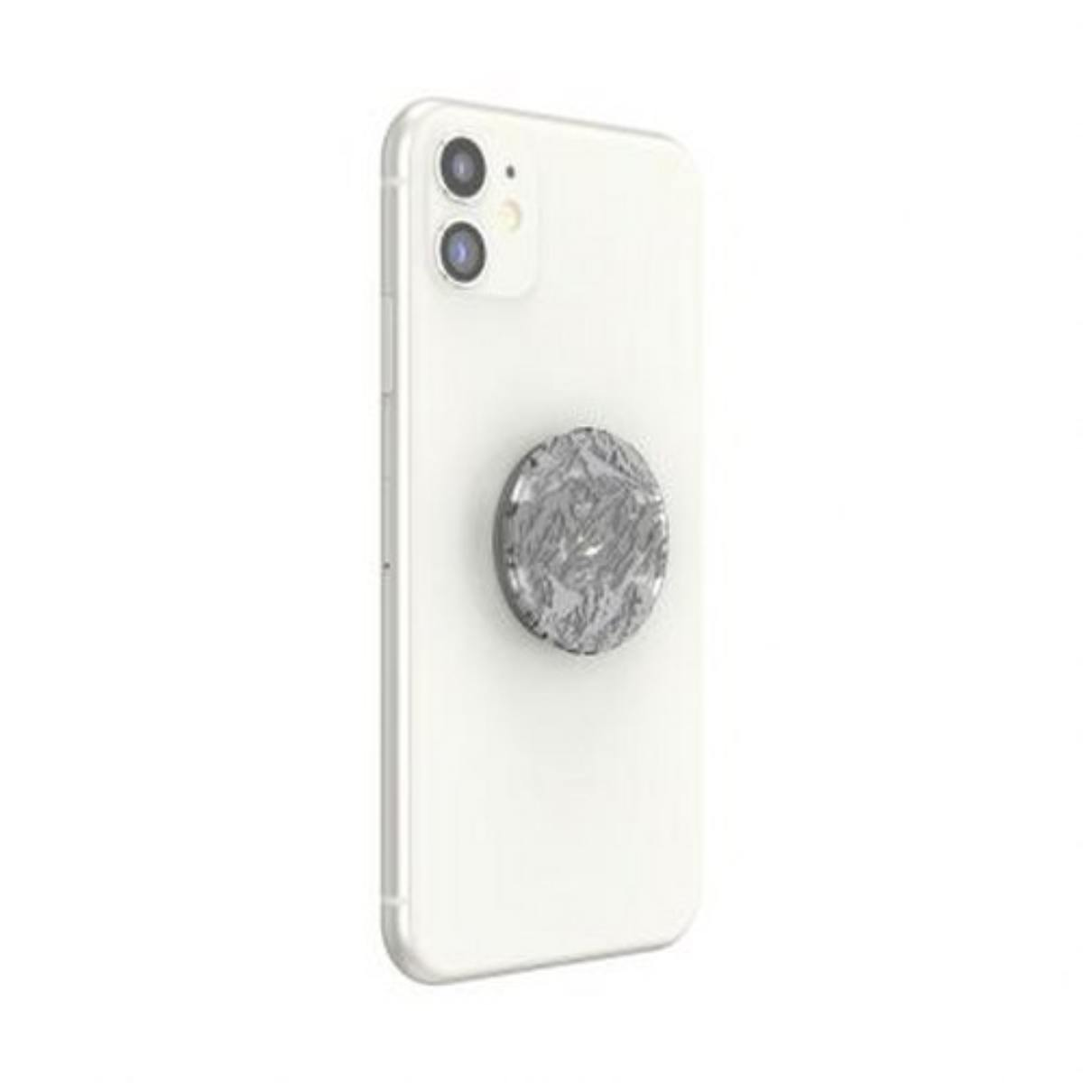 Uno smartphone bianco con un PopSocket argentato fantasia sul retro.