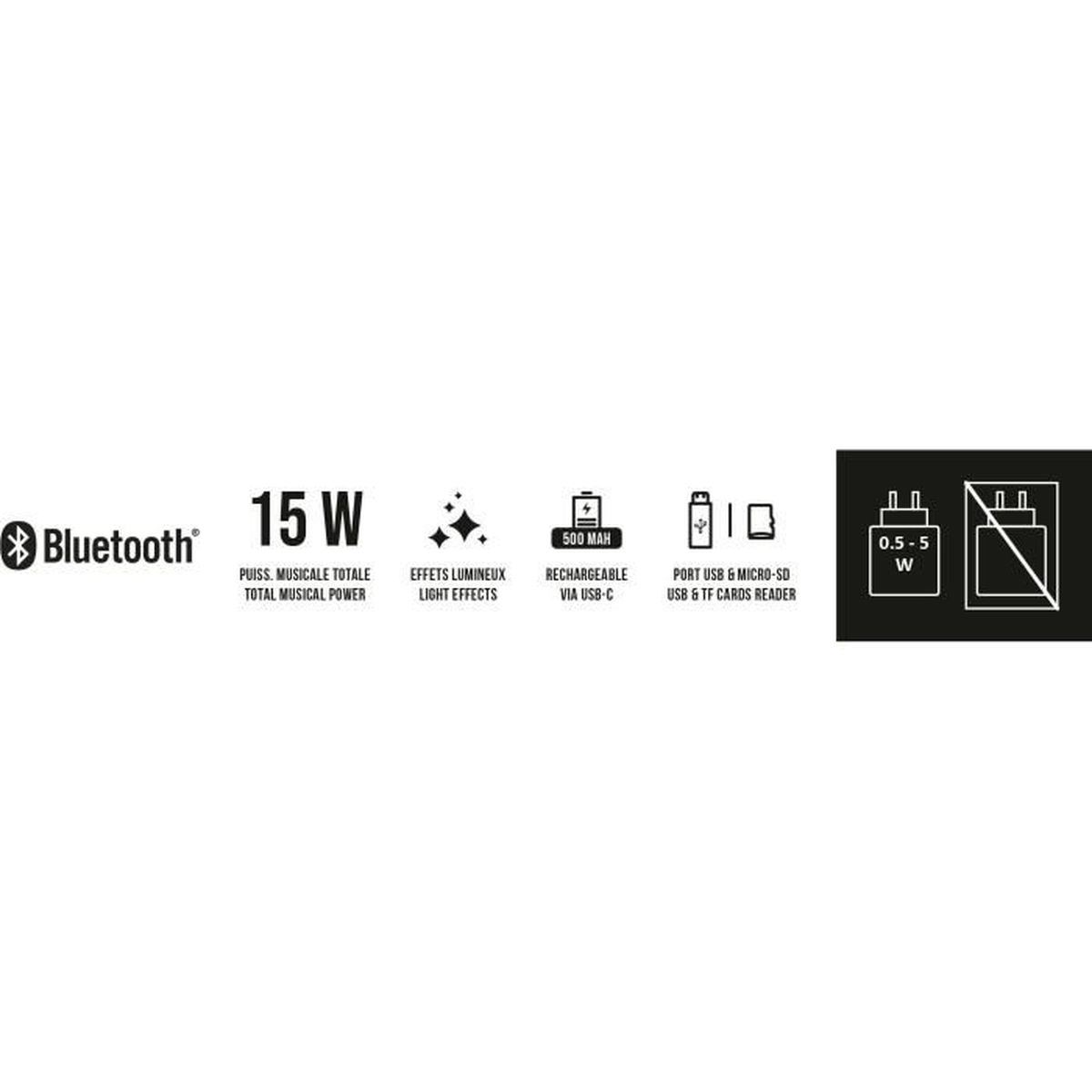Bluetooth, 15W Leistung, Lichteffekte, 500mAh Akku, USB-C, Kartenleser.