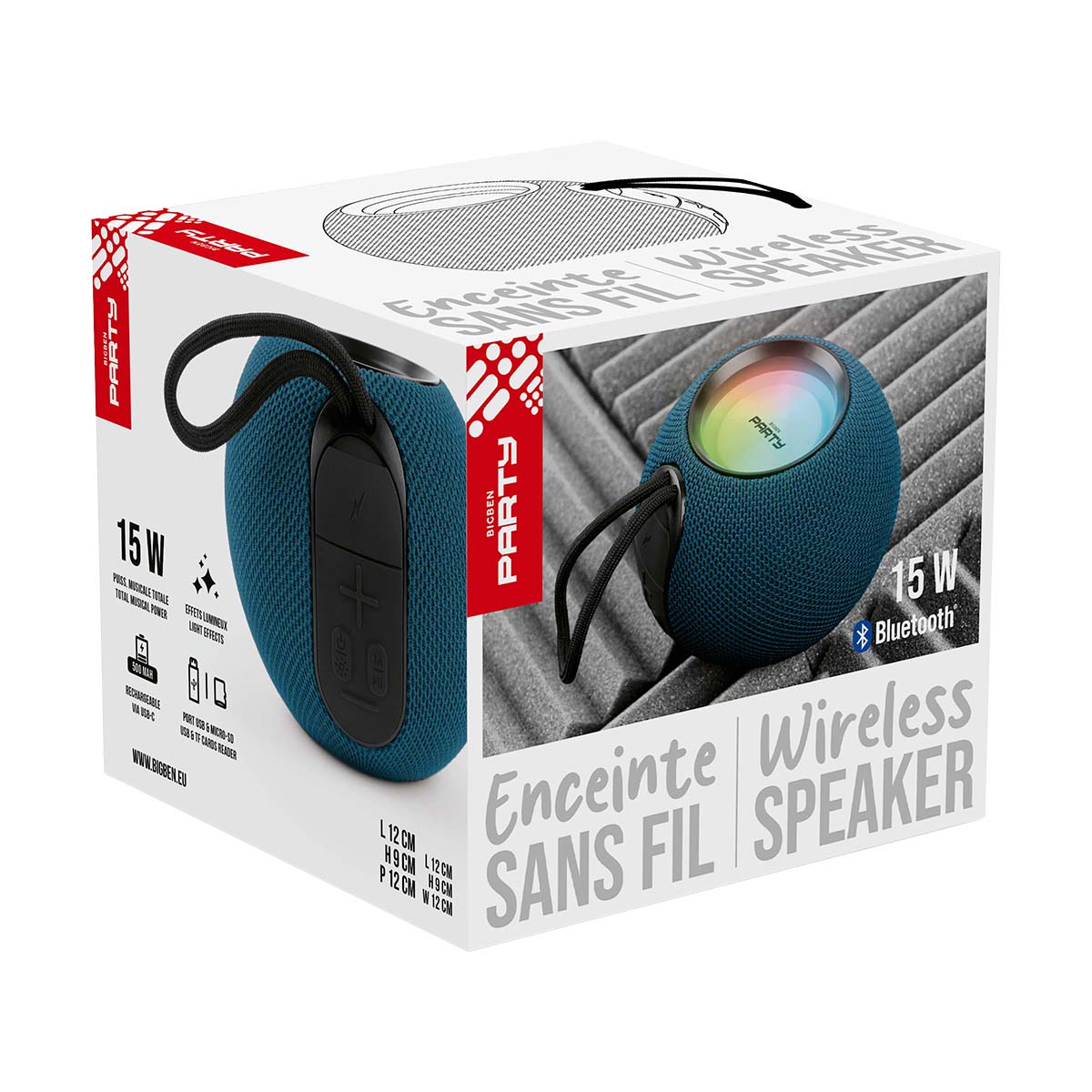 Eine blaue Bluetooth-Box mit Lichteffekten, 15 W Leistung, auf der Verpackung.
