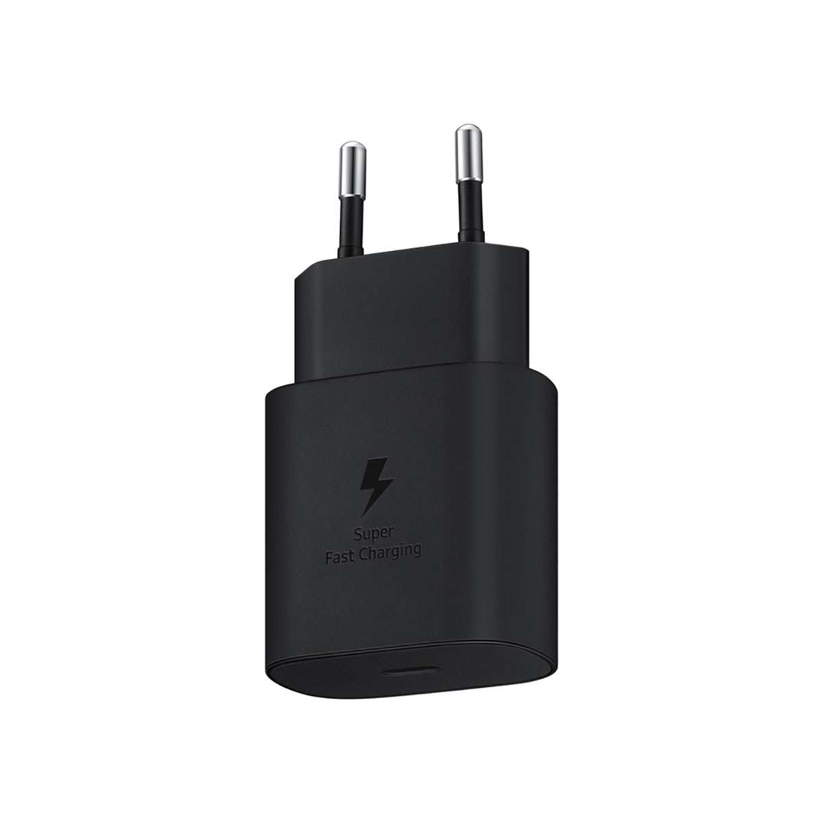 Schwarzer Ladestecker mit Blitzsymbol und "Super Fast Charging".