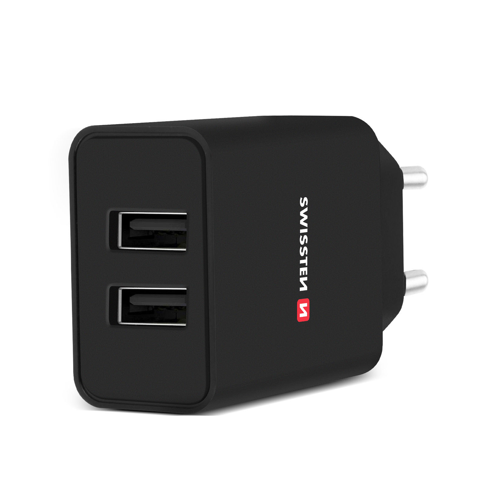 Caricatore USB doppio nero con spine.