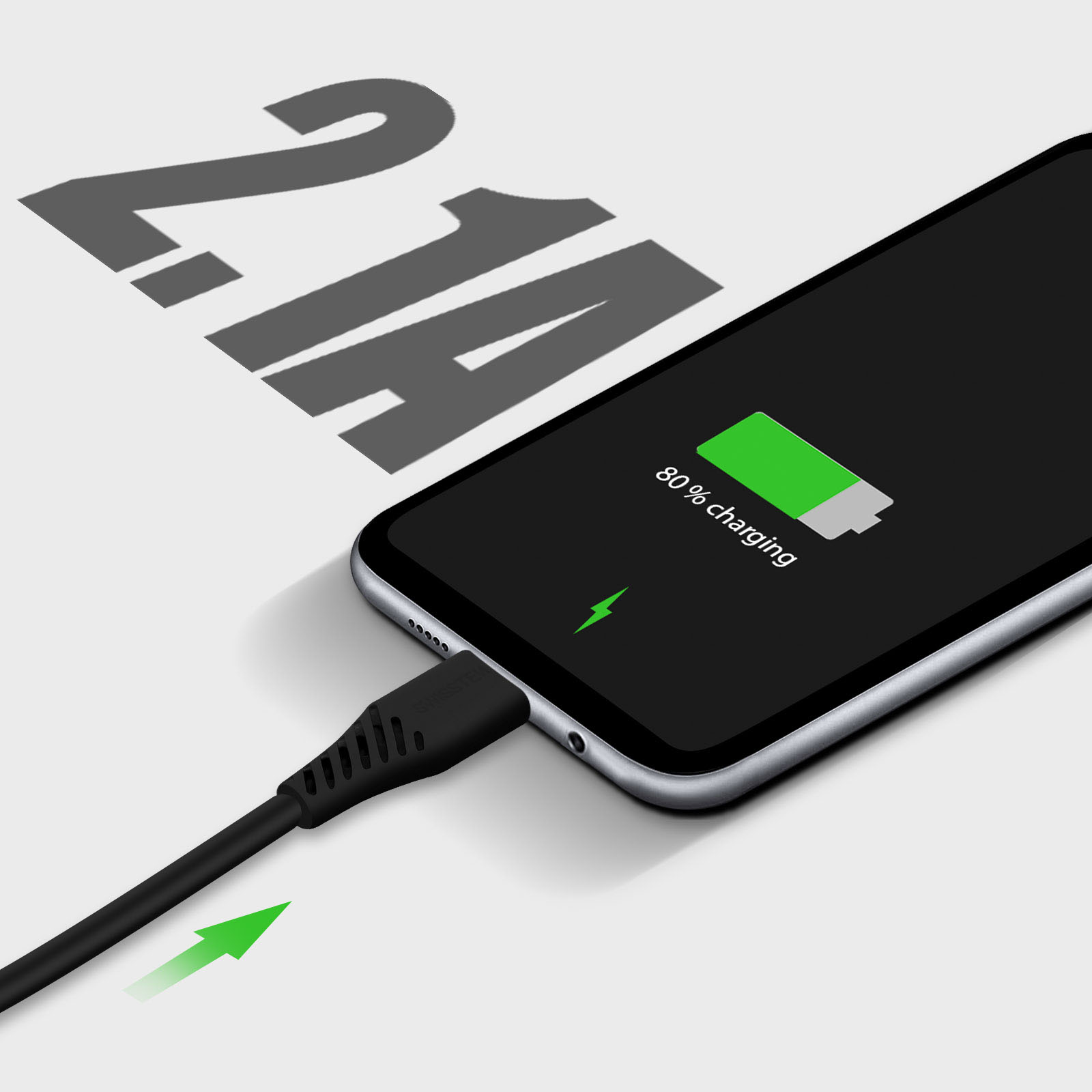 Uno smartphone viene caricato tramite cavo nero, 80% di batteria.