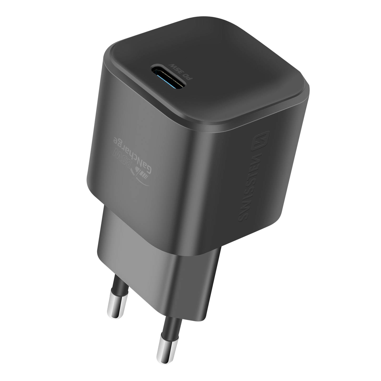 Caricatore USB-C nero con 35W GanCharge, PD 35W e logo Swisslims.