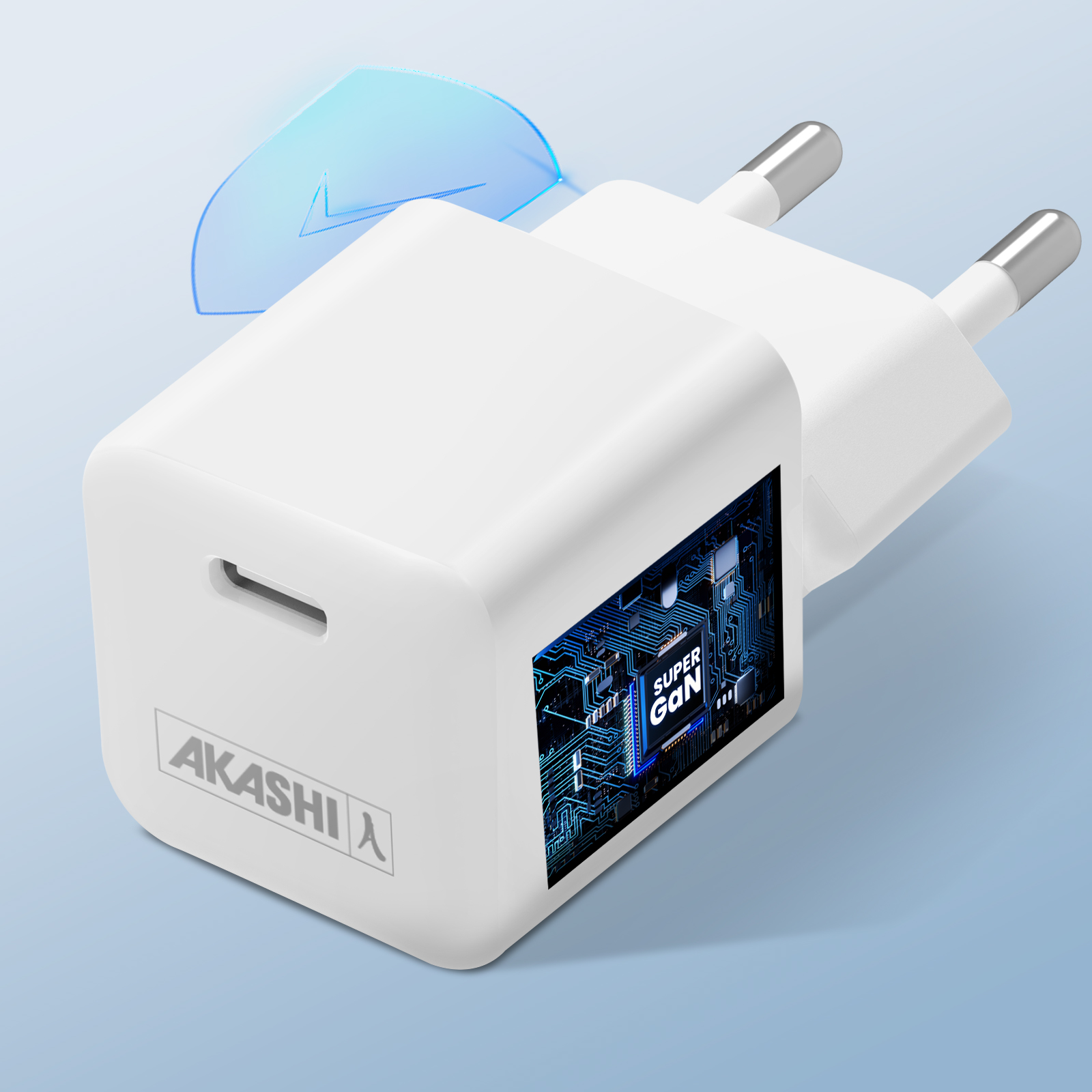 Un adattatore di corrente bianco con tecnologia Super GaN e simbolo di energia blu.