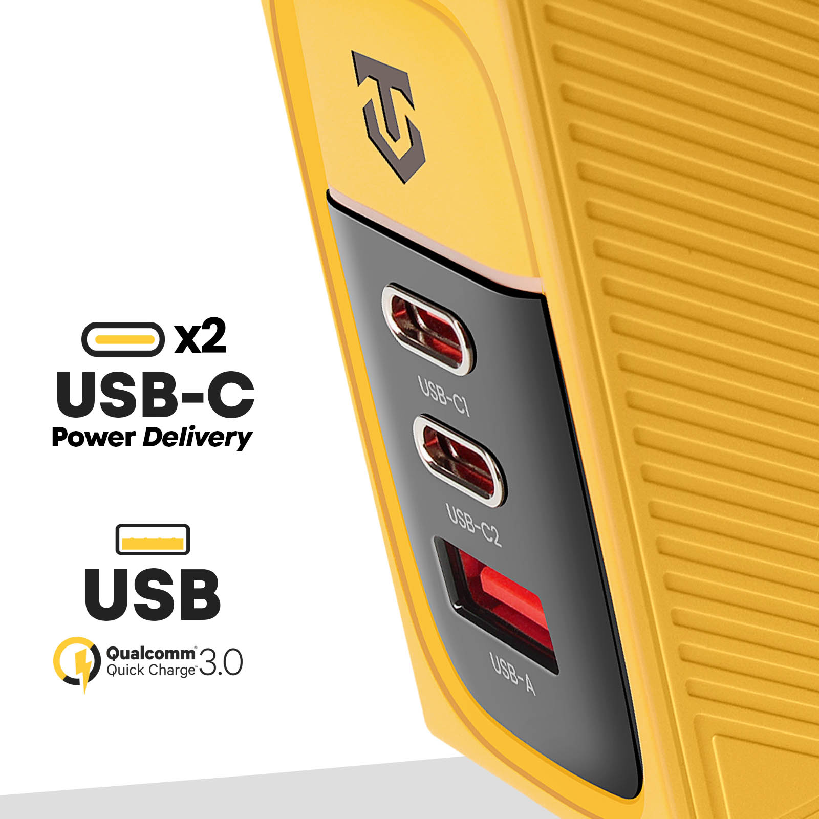 Un dispositivo giallo con porte USB-C e USB-A. Logo in alto.
