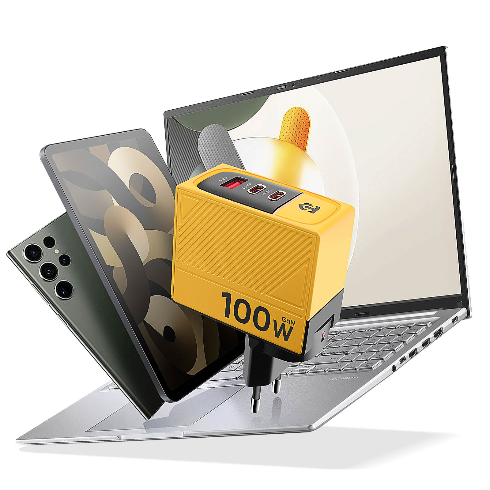 Un caricabatterie GaN giallo da 100W alimenta laptop, tablet e smartphone.