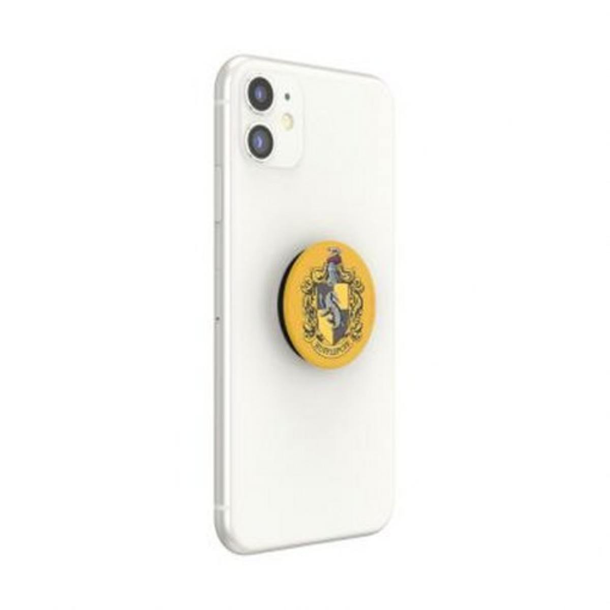 Uno smartphone bianco con un PopSocket giallo raffigurante lo stemma di Hufflepuff.