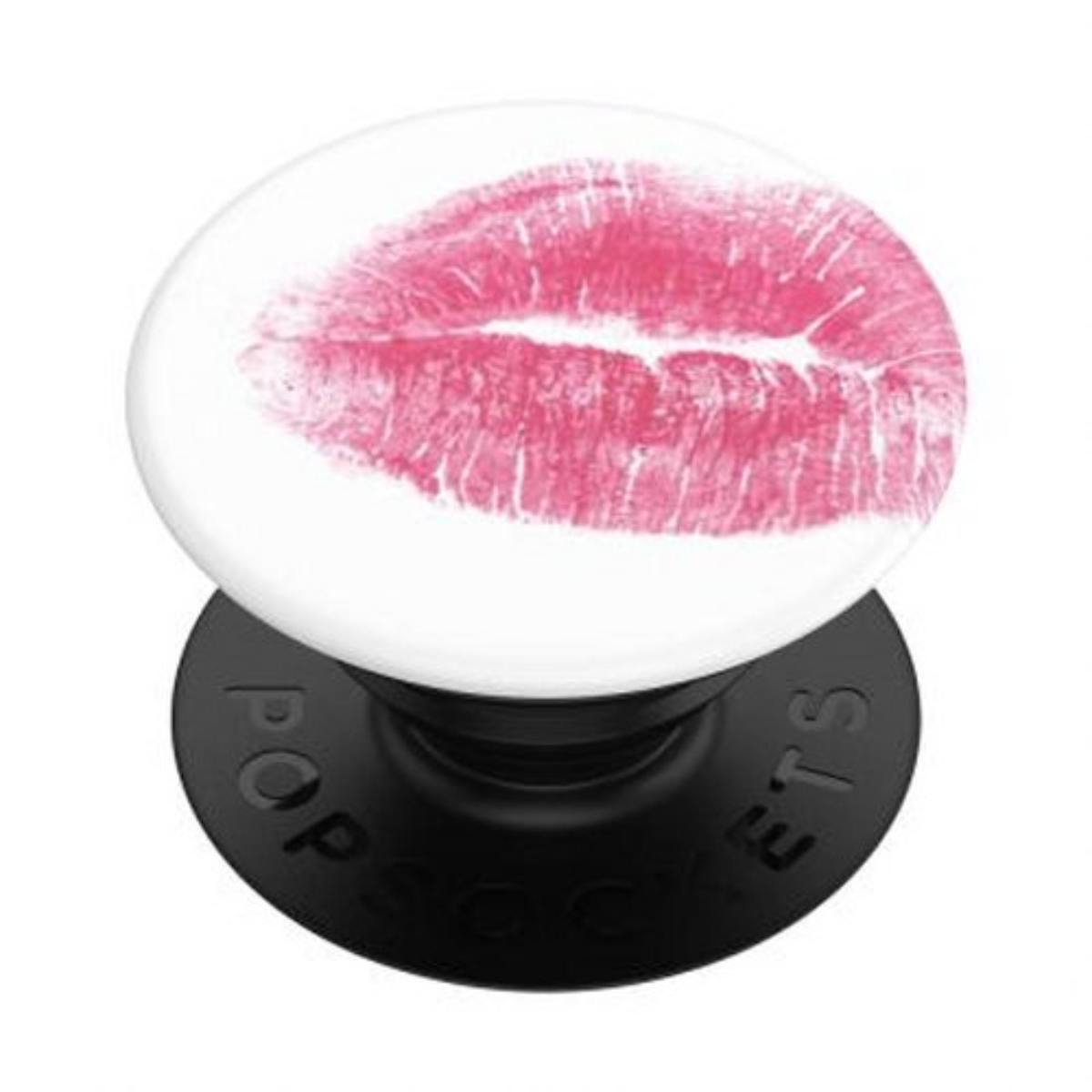 Un'impronta di bacio rosa su un'impugnatura PopSocket bianca.