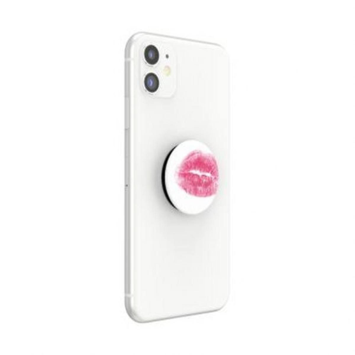 Uno smartphone bianco con un PopSocket con stampa di bacio rosa.