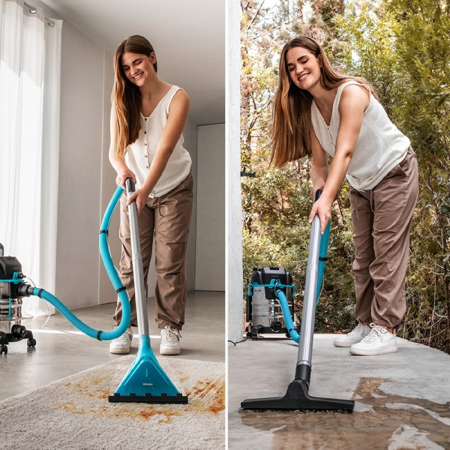 Donna pulisce tappeto e pavimento con aspiratore liquidi.