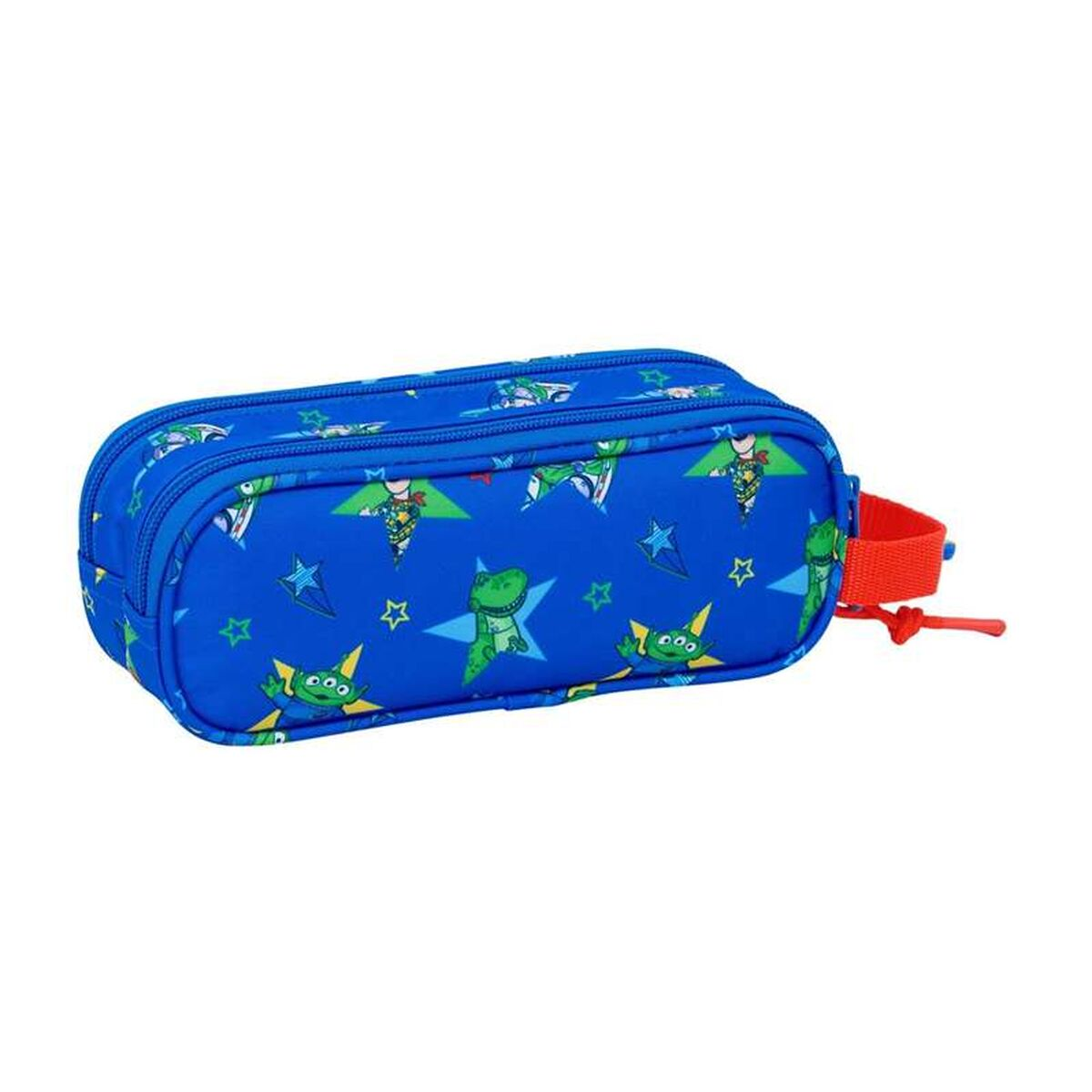Un estuche azul con motivos de juguetes, como dinosaurios y estrellas.