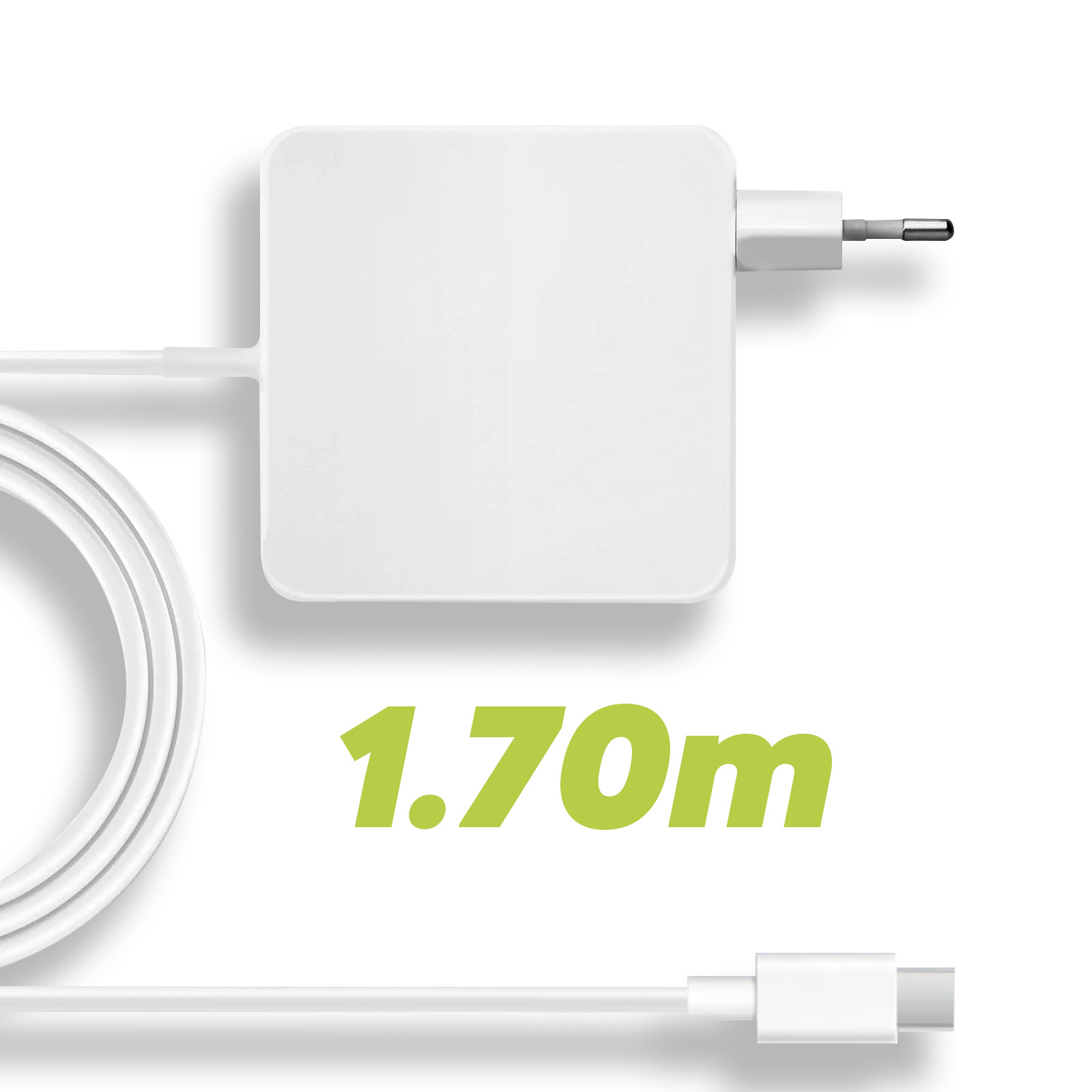 Ein weißes Netzteil mit Kabel und USB-C-Anschluss. Kabellänge 1,70m.