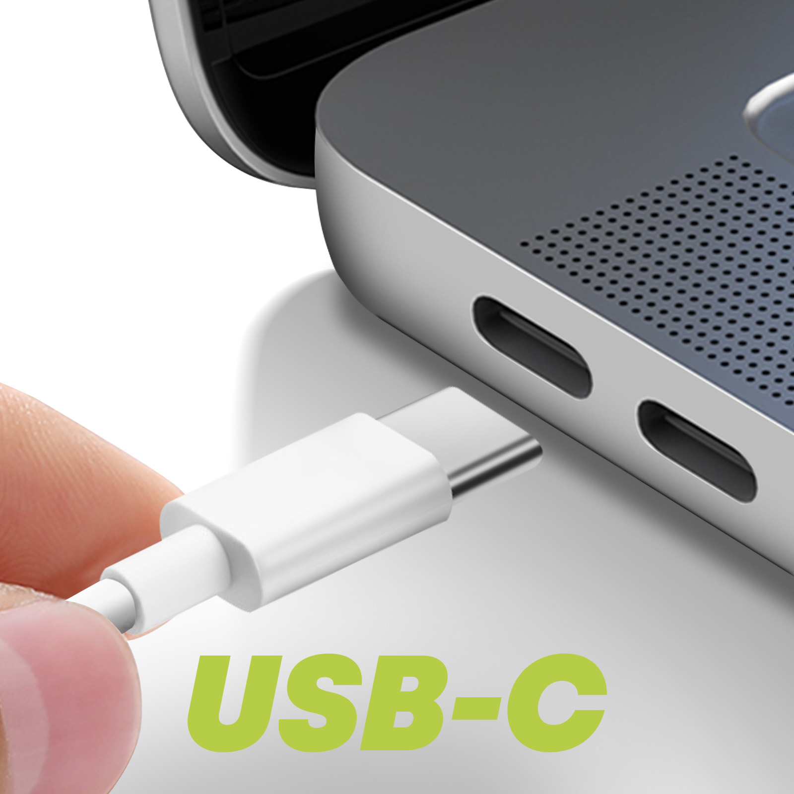 Ein Finger steckt ein weißes USB-C-Kabel in einen Laptop.