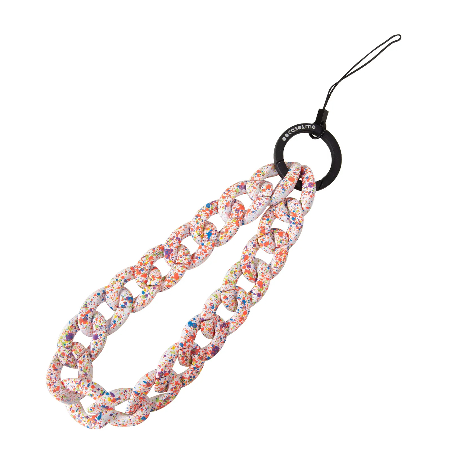 Cadena blanca con salpicaduras de pintura coloridas y anillo negro con correa.