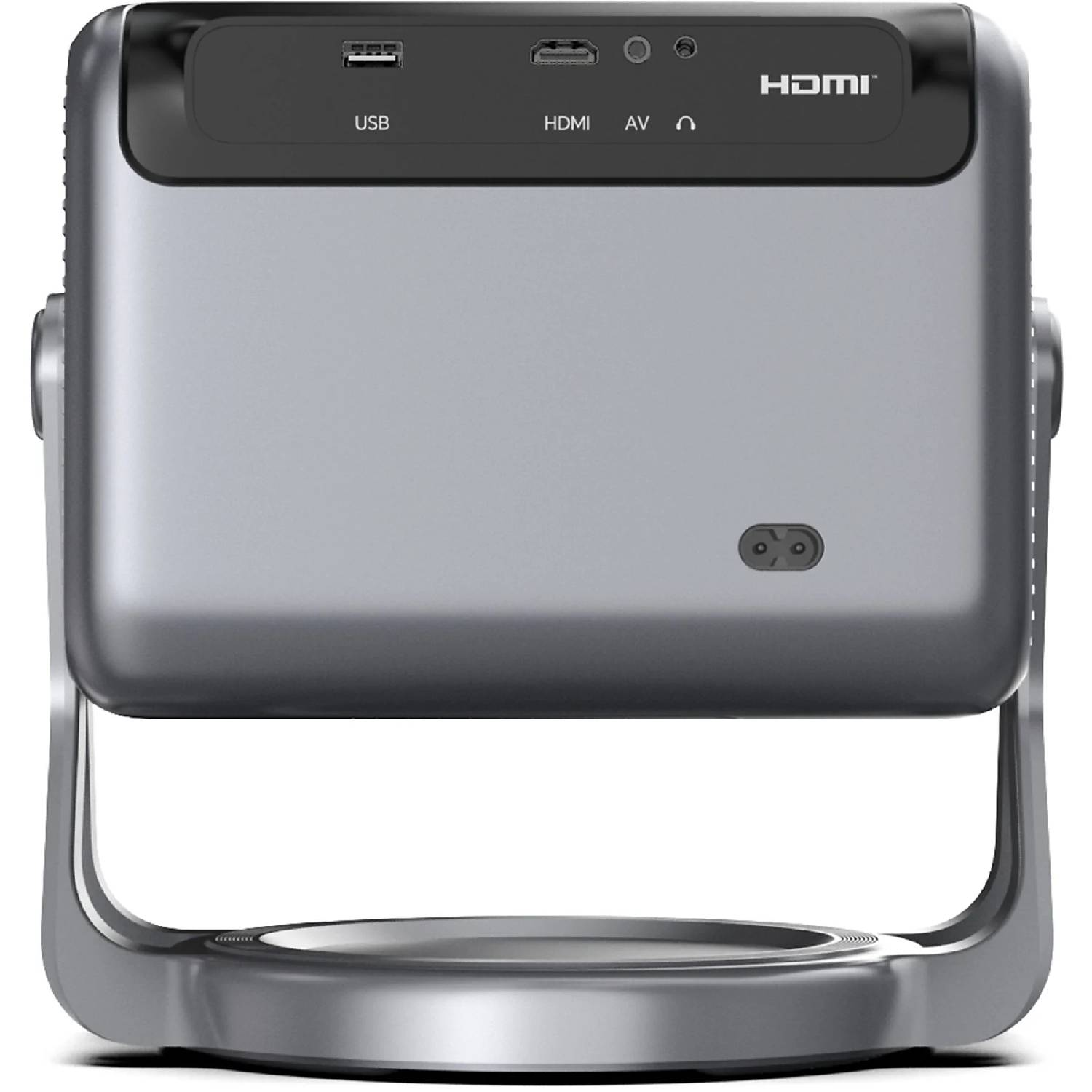 Un projecteur gris avec ports : USB, HDMI, AV, casque et entrée d'alimentation.
