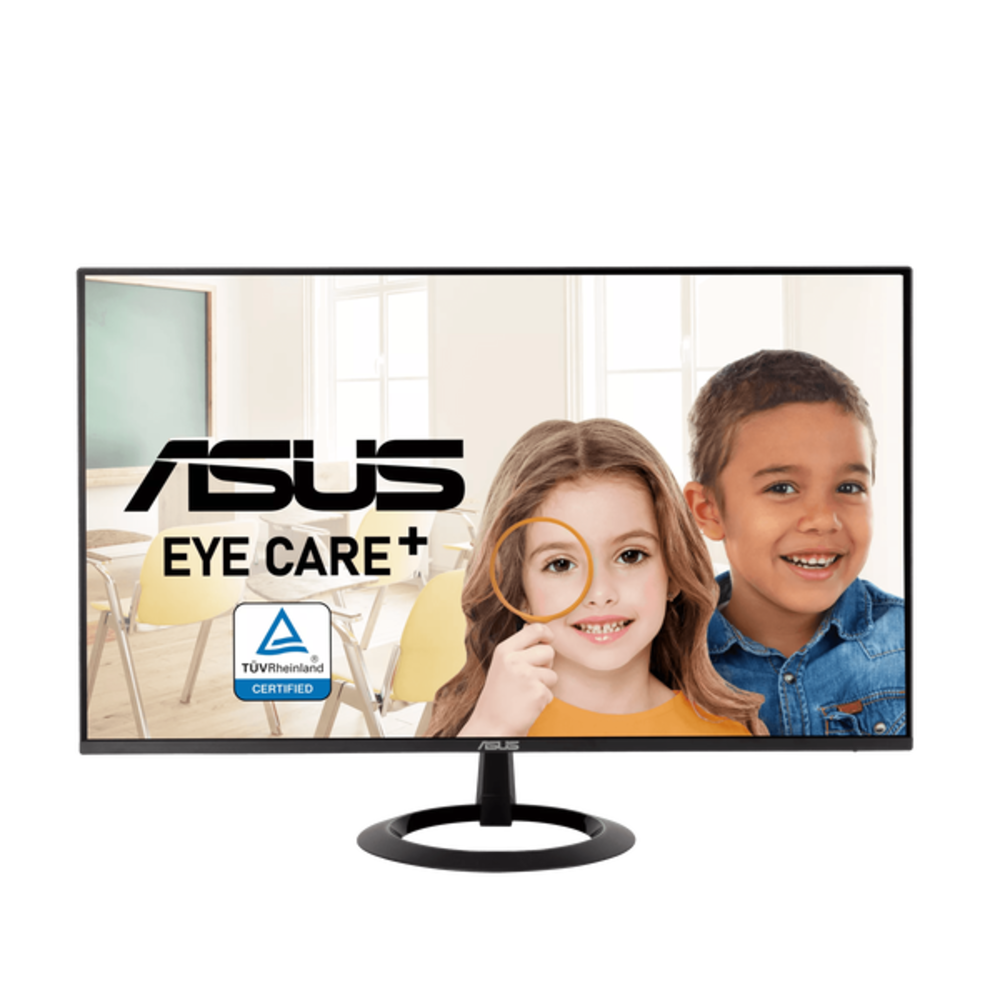 Dos niños sonriendo, niña mira por lupa. Logo ASUS EYE CARE+.