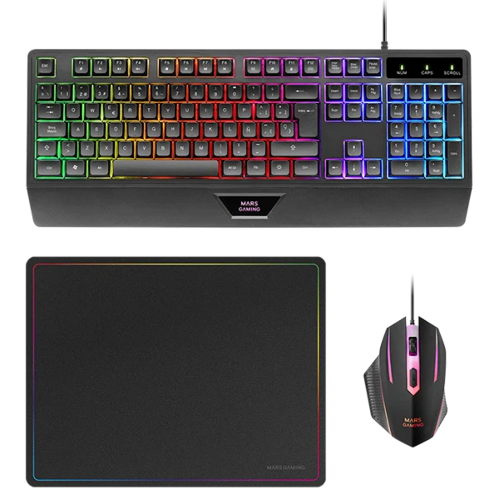 Un teclado, ratón y alfombrilla para juegos retroiluminados sobre fondo negro.