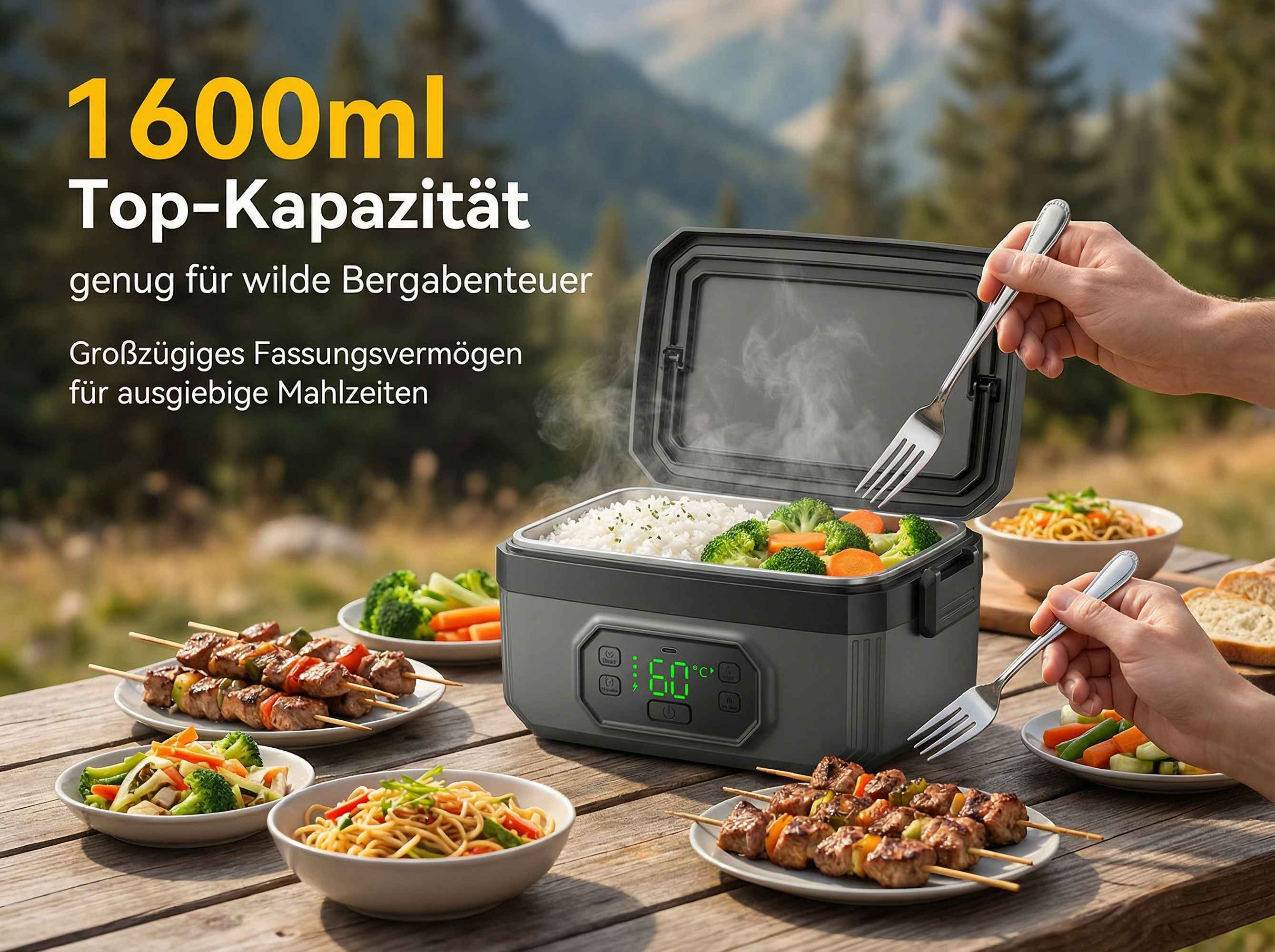 Ein Dampfgarer mit Reis und Gemüse, daneben Fleischspieße, Nudeln und Brot.