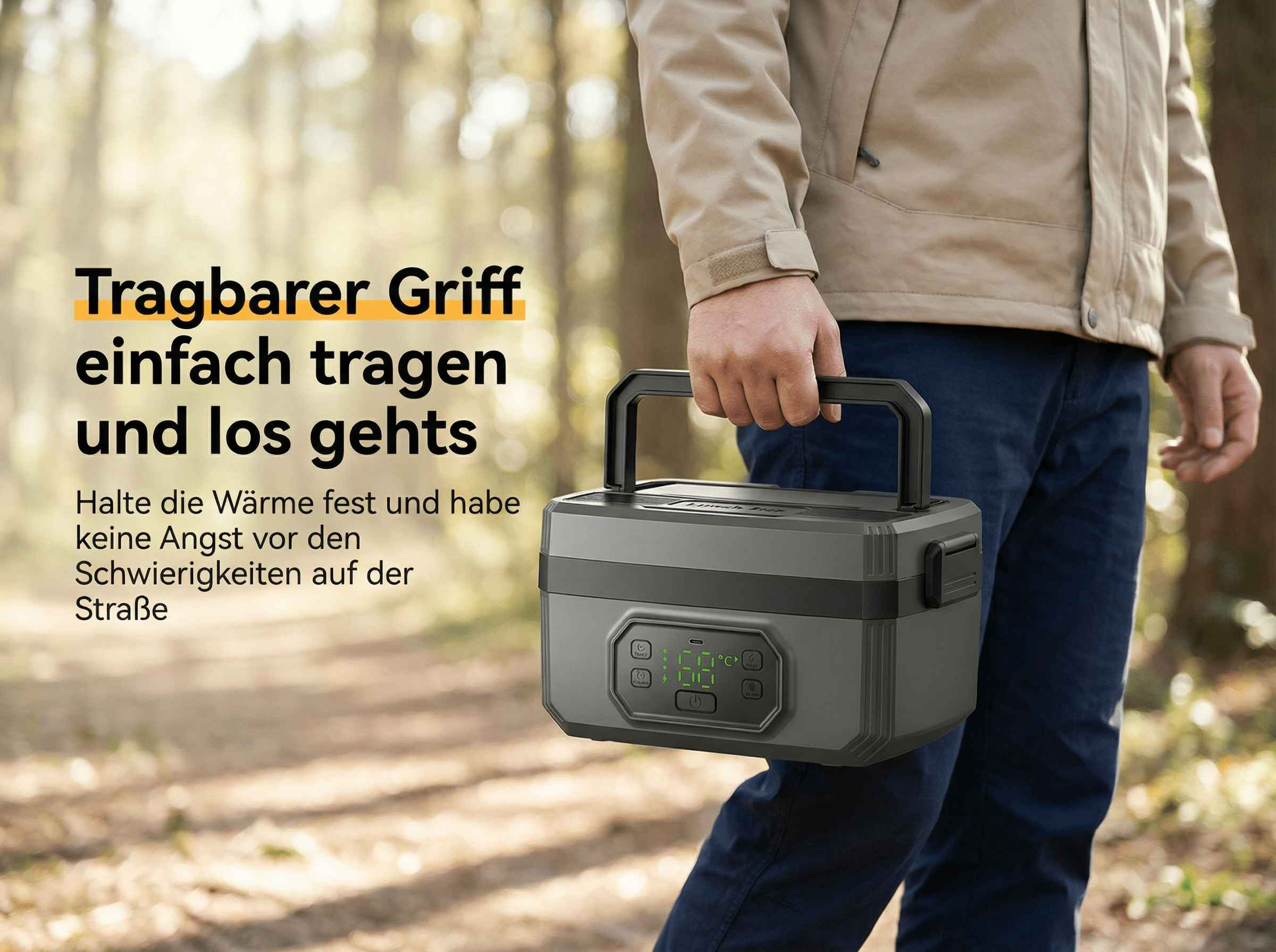 Ein Mann trägt einen grauen Kühlbox im Freien mit einem tragbaren Griff.