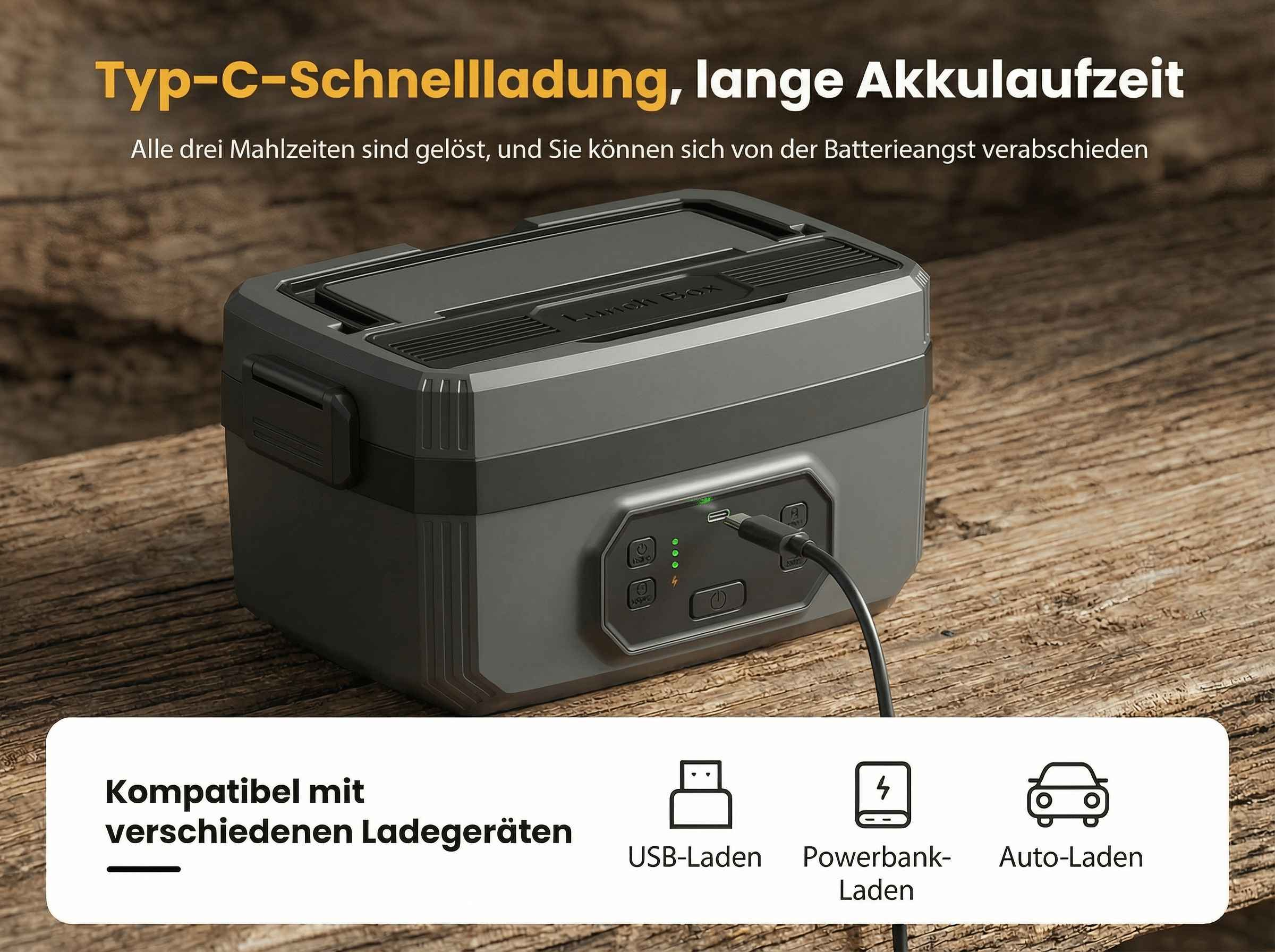 Grauer Lunchbox-Kühler lädt über USB-C. Holzoberfläche im Hintergrund.
