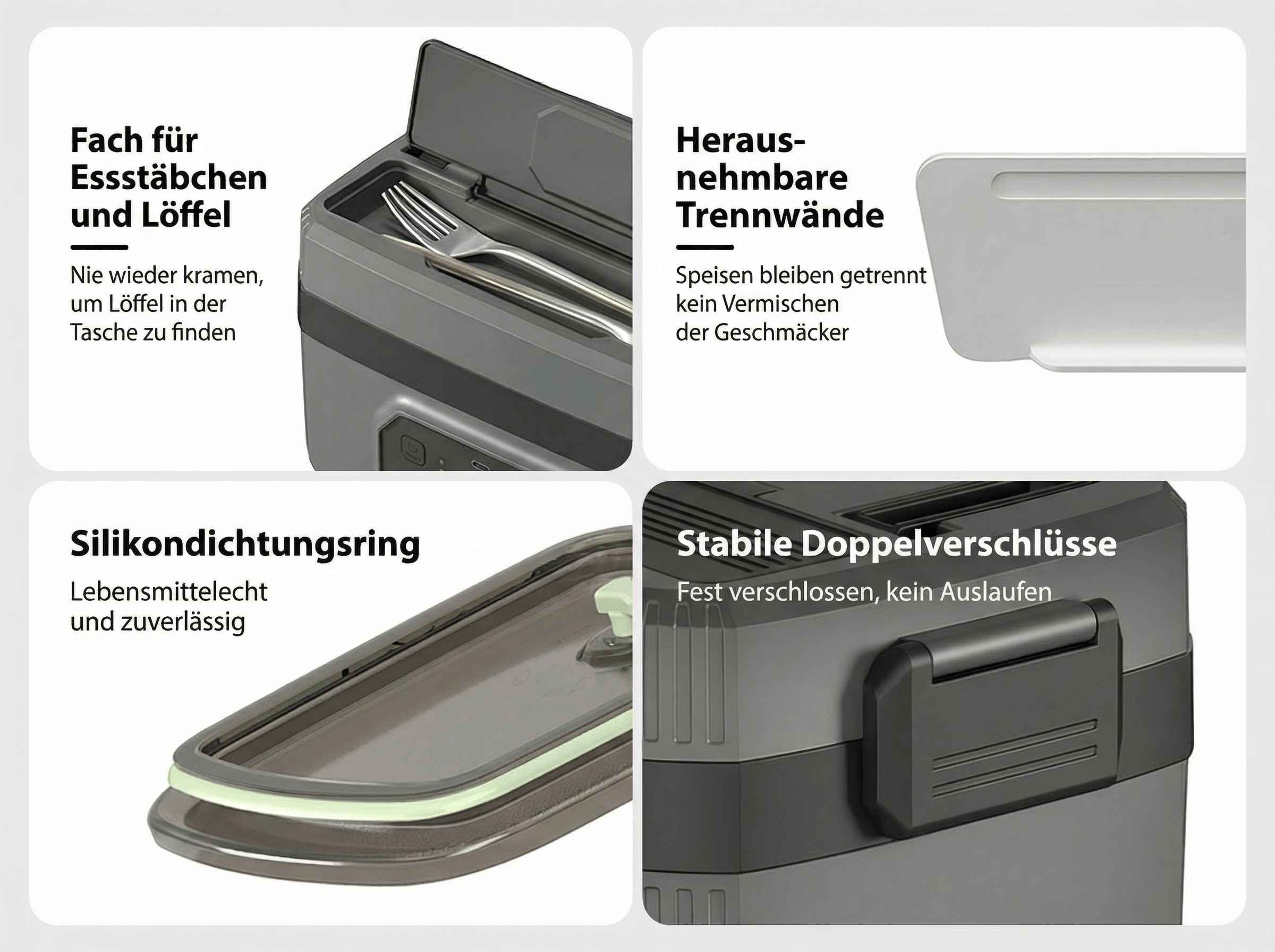 Besteckfach, herausnehmbare Trennwände, Silikondichtung, Doppelverschlüsse.