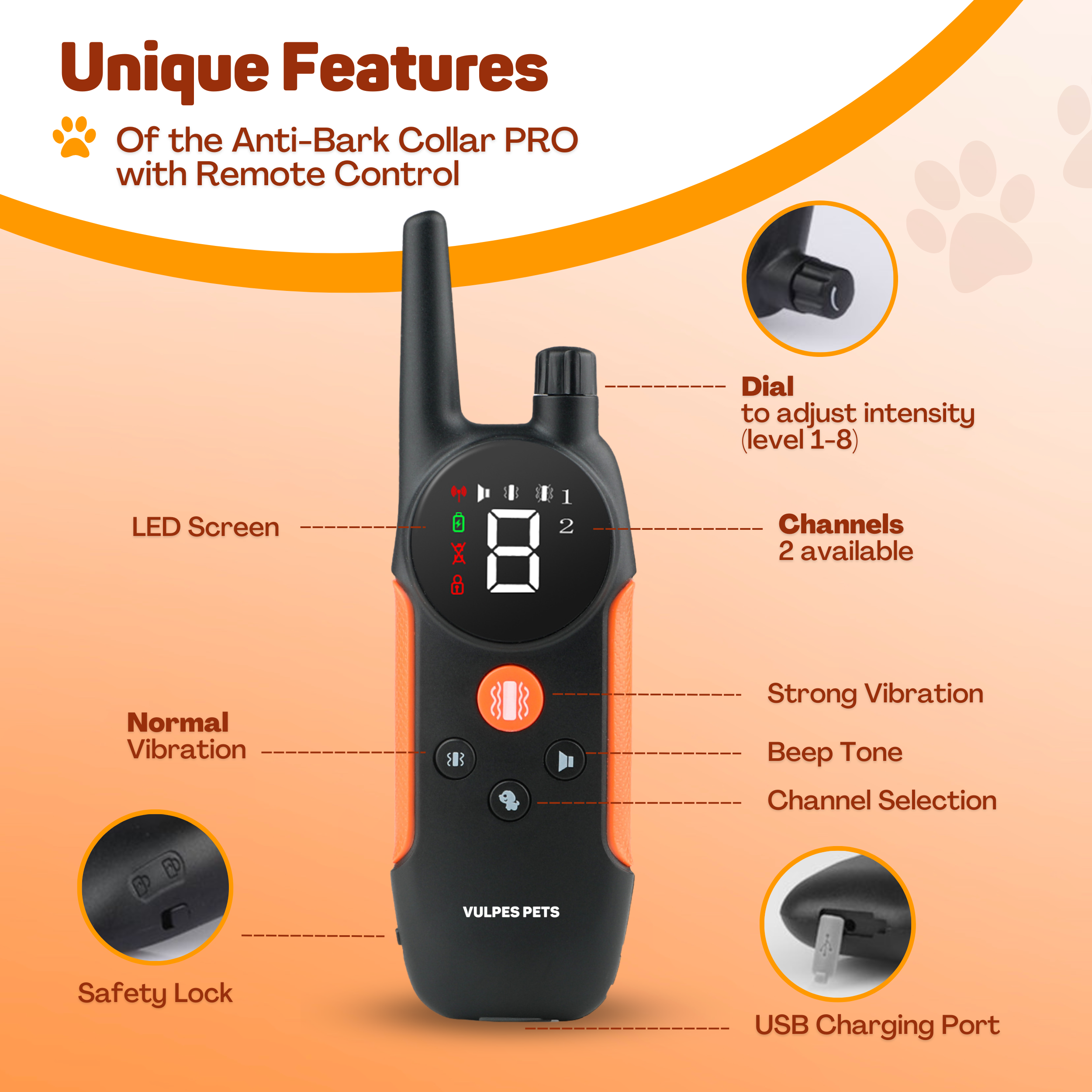An orange and black remote control collar transmitter with LED screen and buttons.