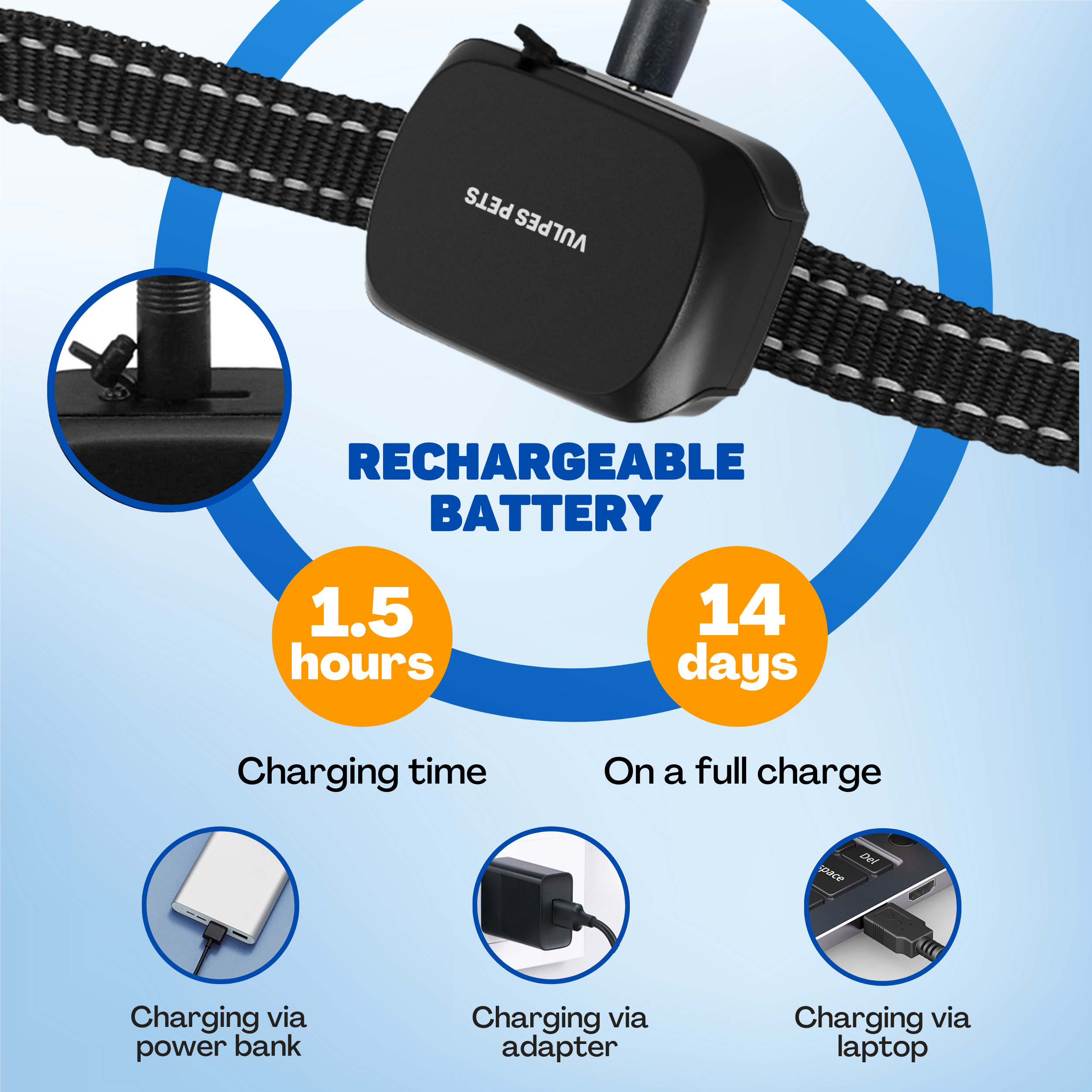 Black collar with charging info: 1.5 hrs charge, 14 days battery life.