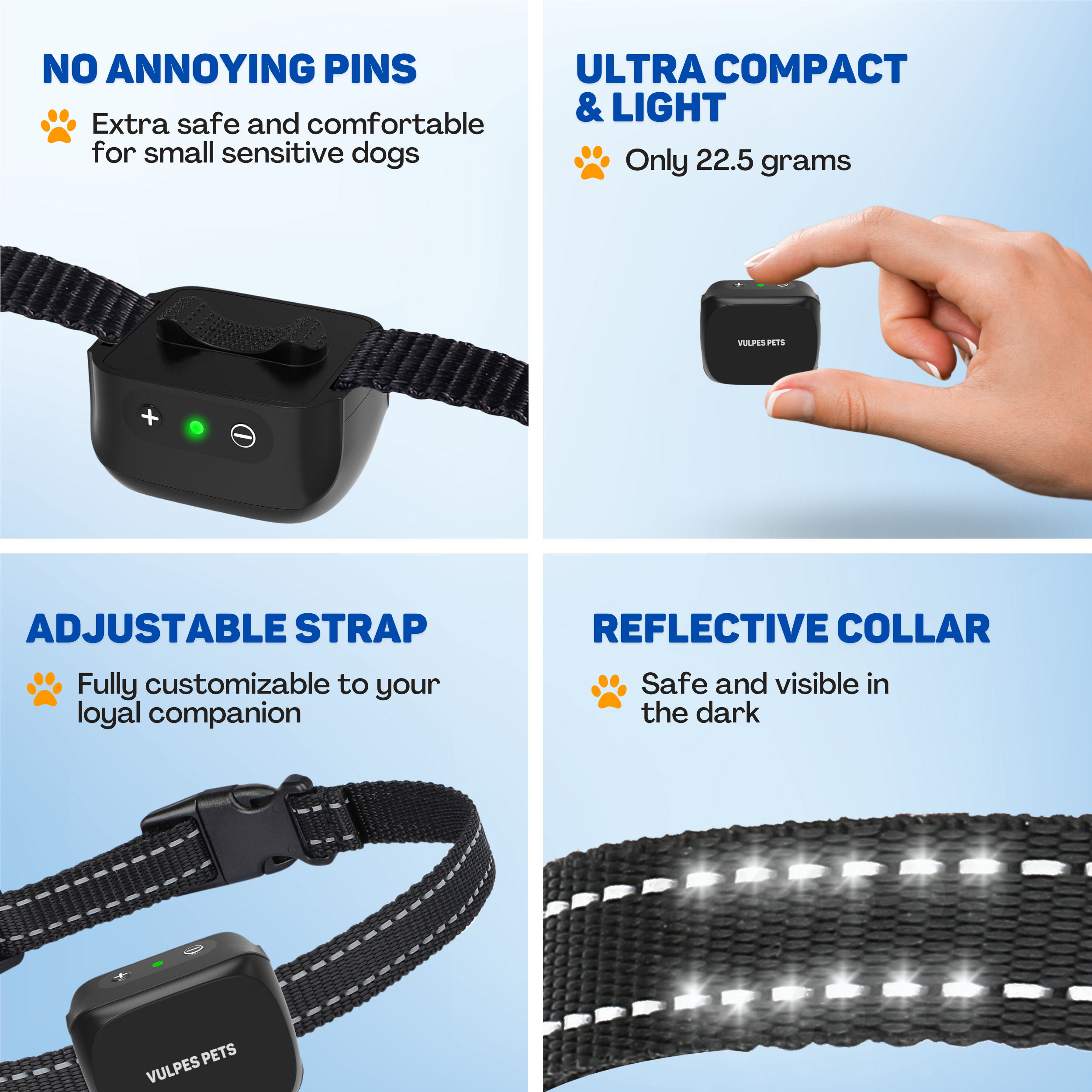Four images of a dog collar with a control device. No annoying pins.